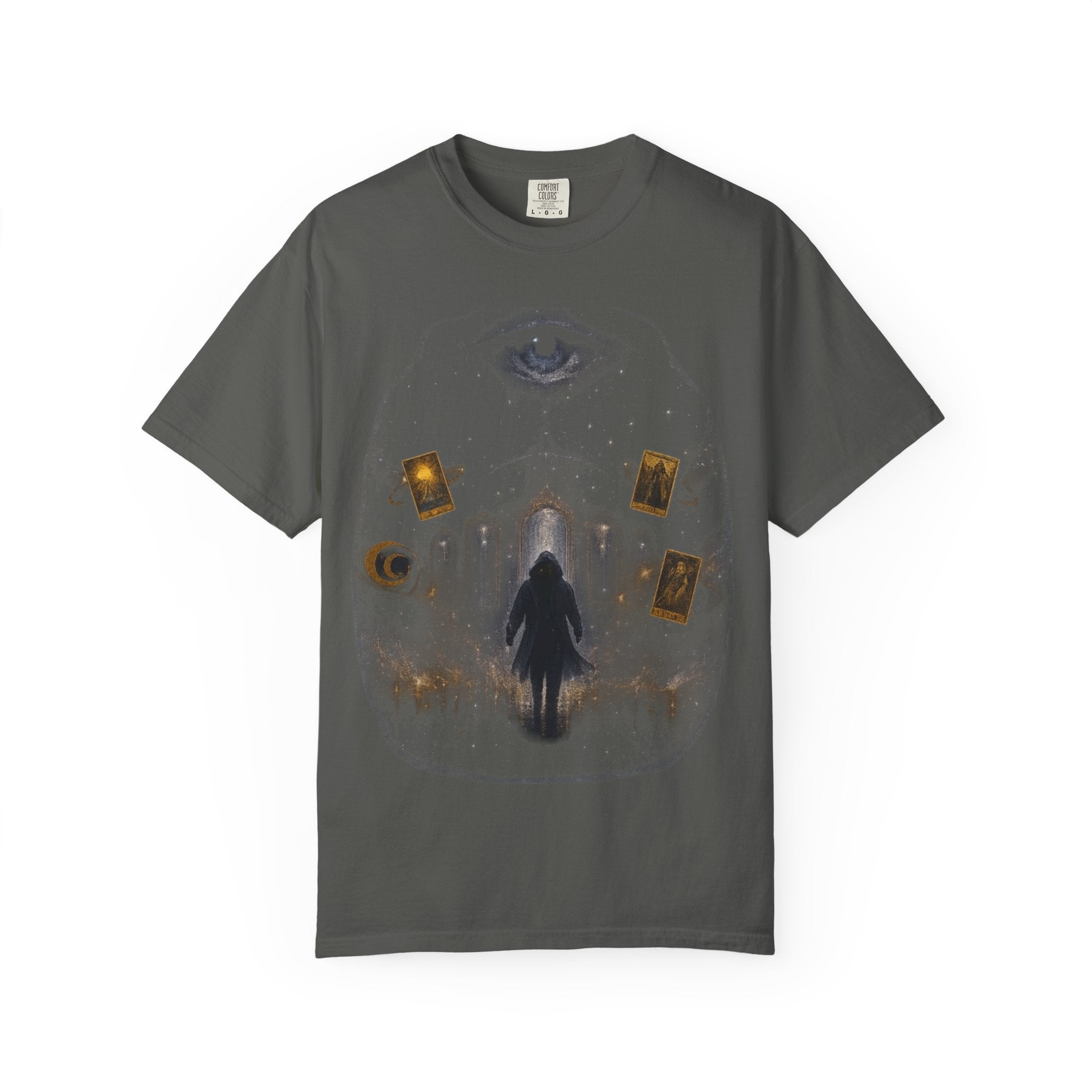PRB Occult Tarot Skull T-Shirt — Mystic Eye & Shadow Figure Graphic by Power Runs Black