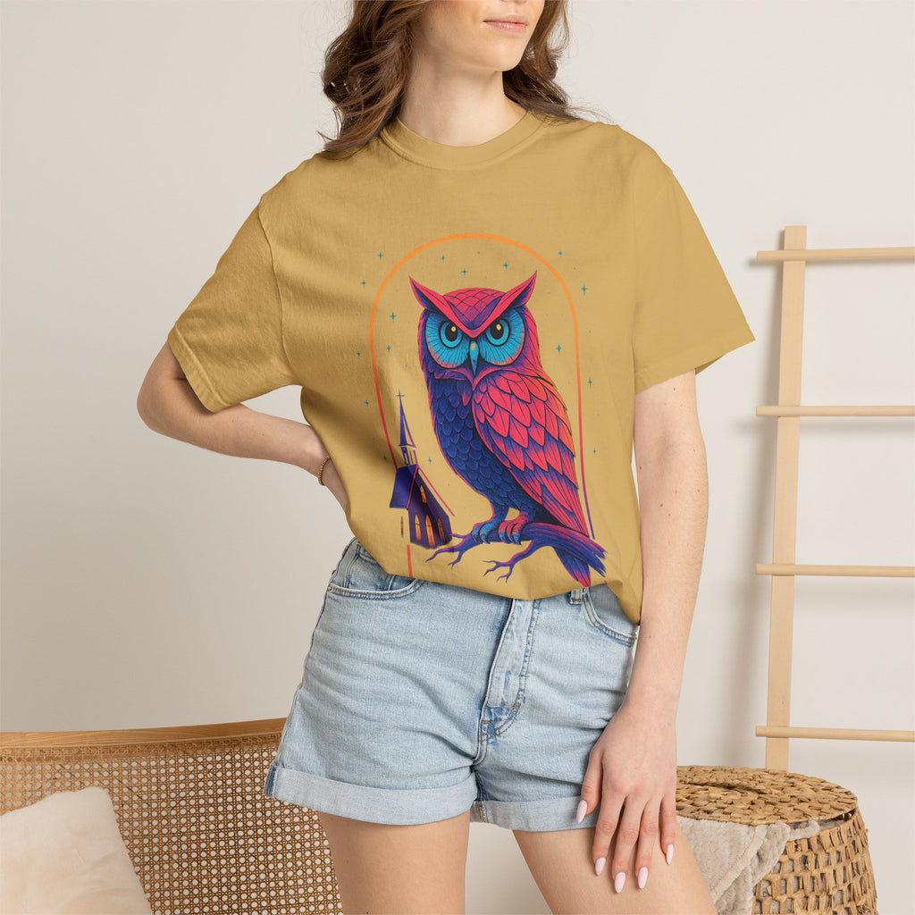 Neon Owl Illustration T-Shirt | Night Church Graphic Tee by Printify