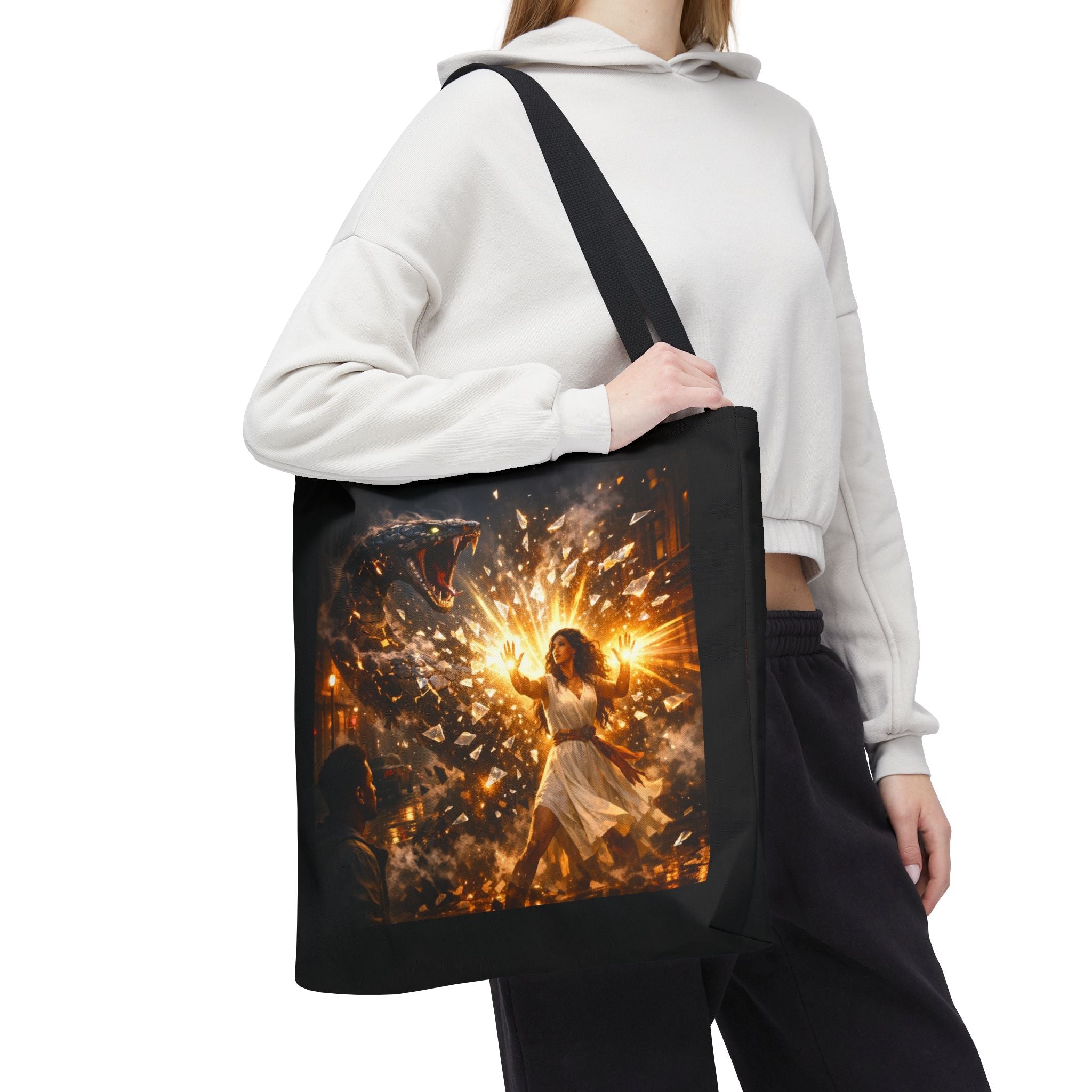 PRB Raging Serpent Burst tote bag | Fantasy serpent explosion art by Power Runs Black