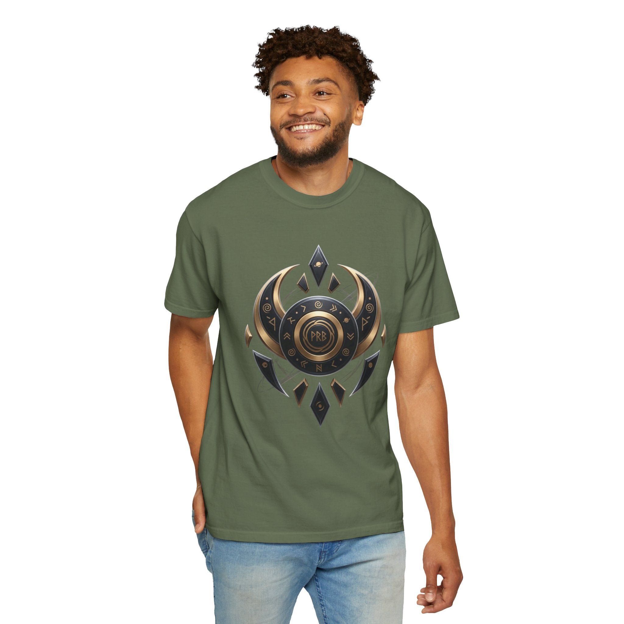 Power Runs Black Mystic Compass Disc T-Shirt — Geometric Gold & Black Emblem Tee by Printify