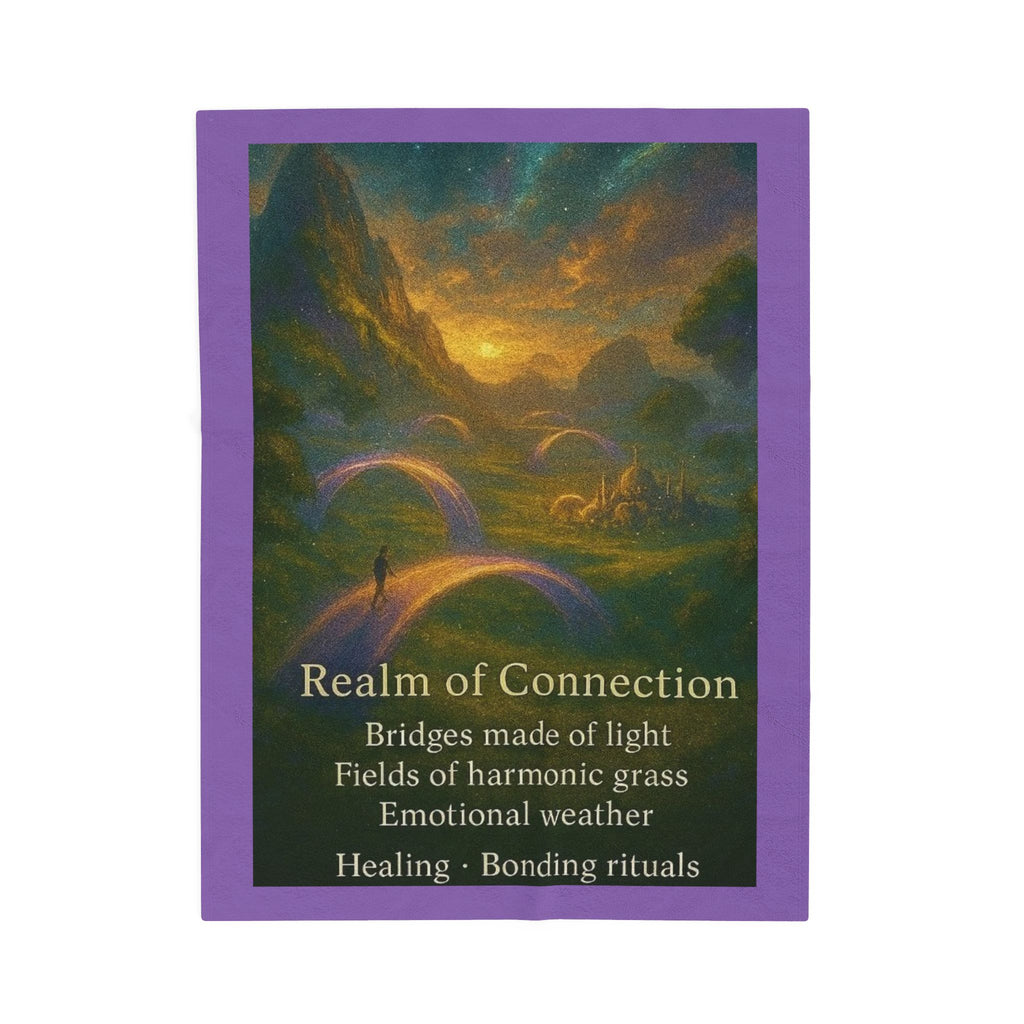 PRB Realm of Connection velveteen plush blanket | ethereal landscape, light bridges, healing text by Power Runs Black