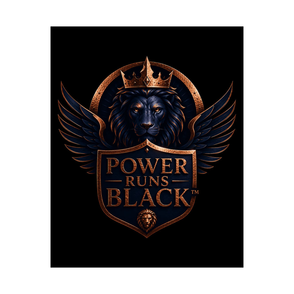 Power Runs Black Matte Poster — Regal Lion Crest Wall Art by Power Runs Black