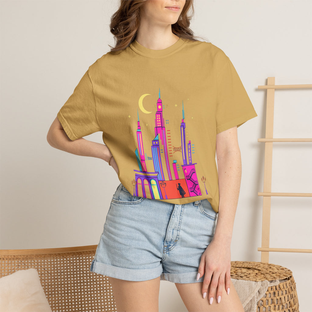 Power Runs Black PRB Neon City Skyline T-shirt | Vibrant Urban Nightscape Tee by Printify