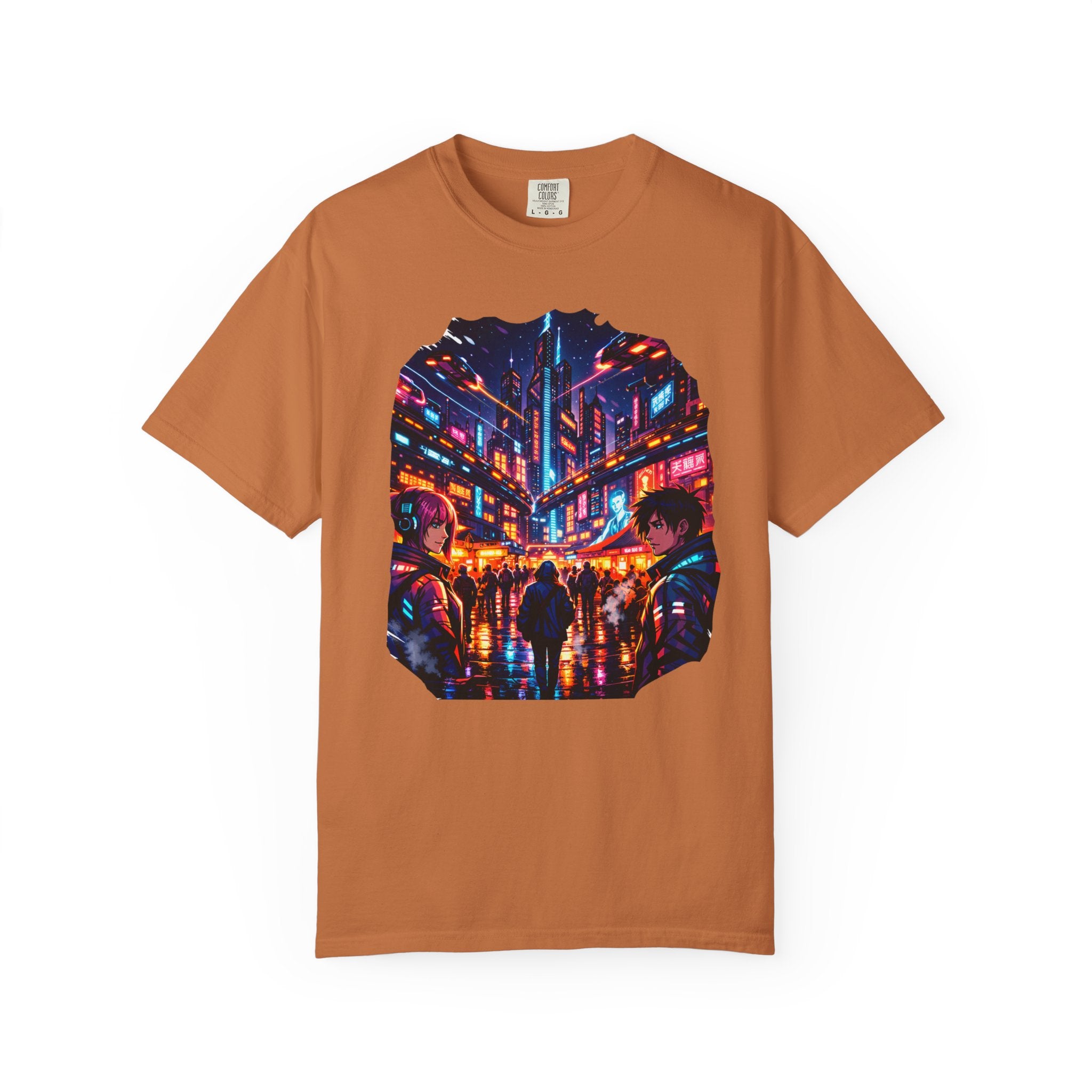 PRB Neon Cyberpunk Cityscape T-shirt | Anime Night Rain Streets by Power Runs Black