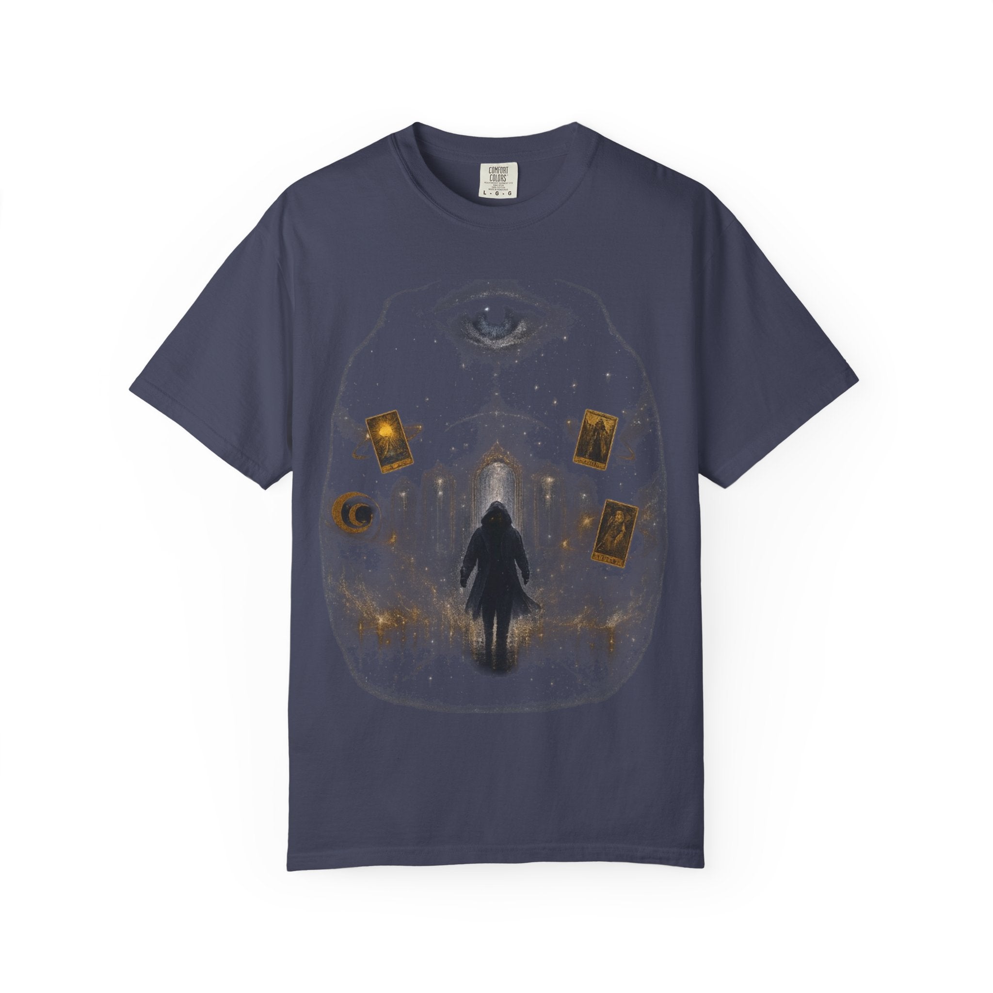 PRB Occult Tarot Skull T-Shirt — Mystic Eye & Shadow Figure Graphic by Power Runs Black