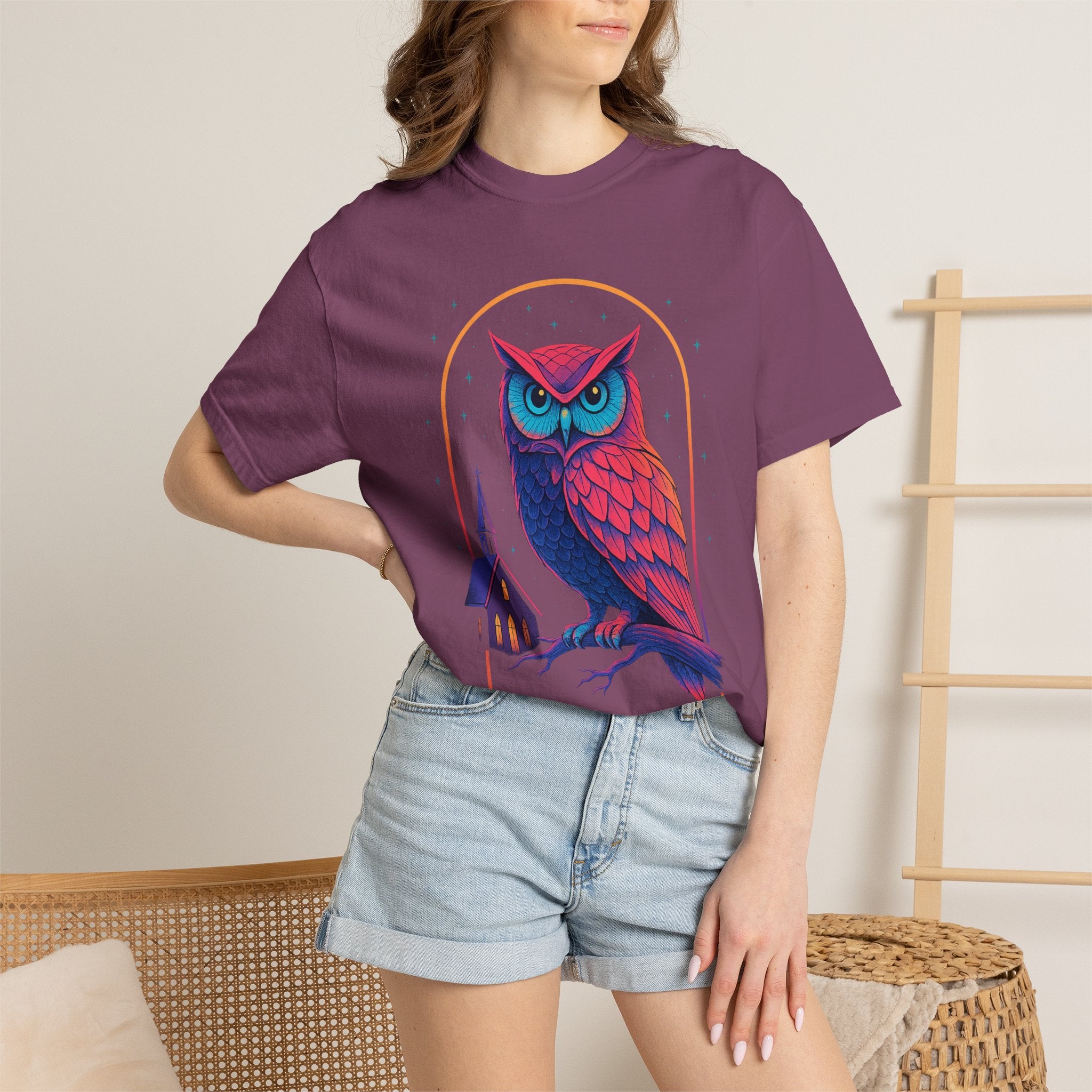 Neon Owl Illustration T-Shirt | Night Church Graphic Tee by Printify