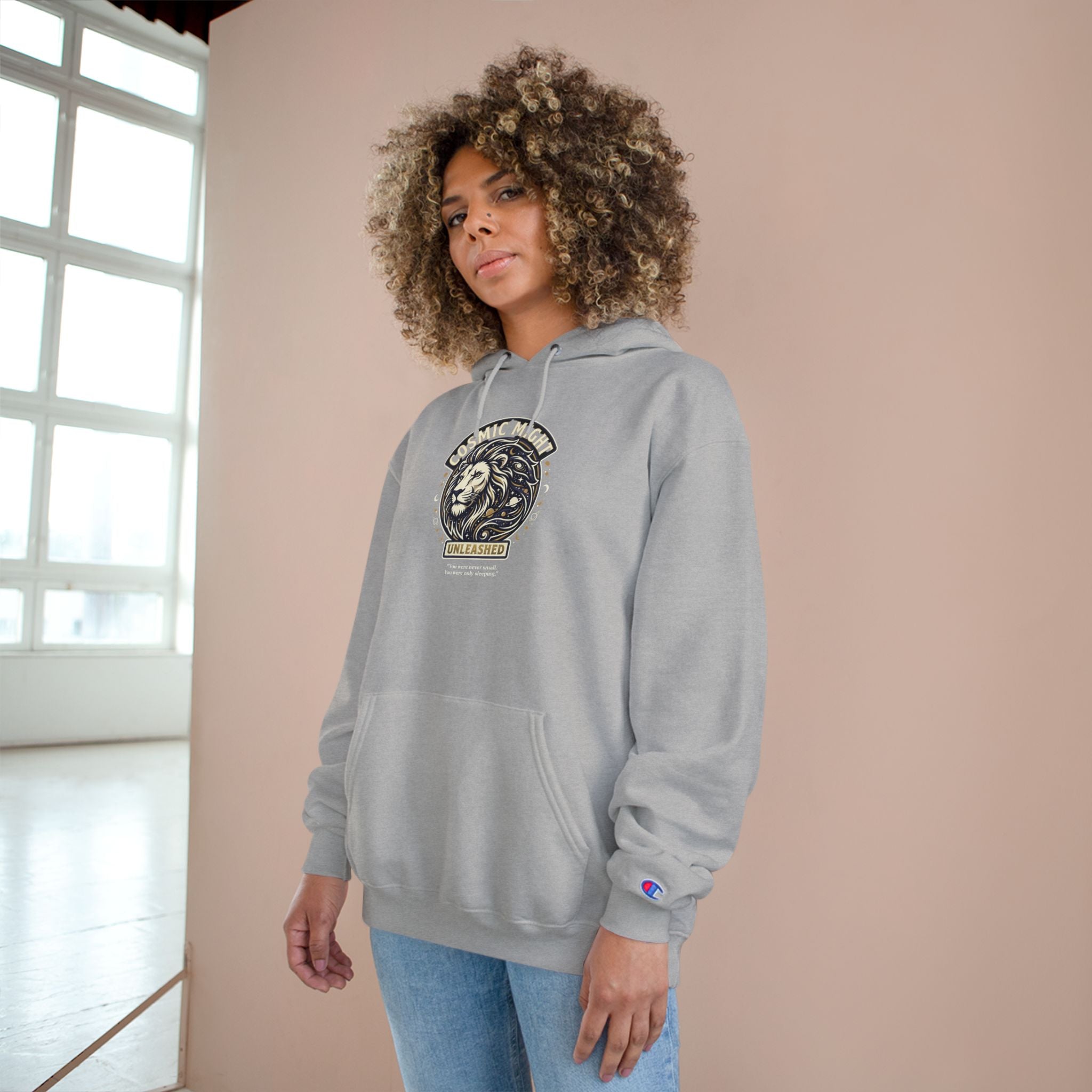PRB Starforged Flex Cosmic Might Unleashed Lion Crest Hoodie — 'Unleashed' Athletic Champion Graphic Hoodie by Power Runs Black