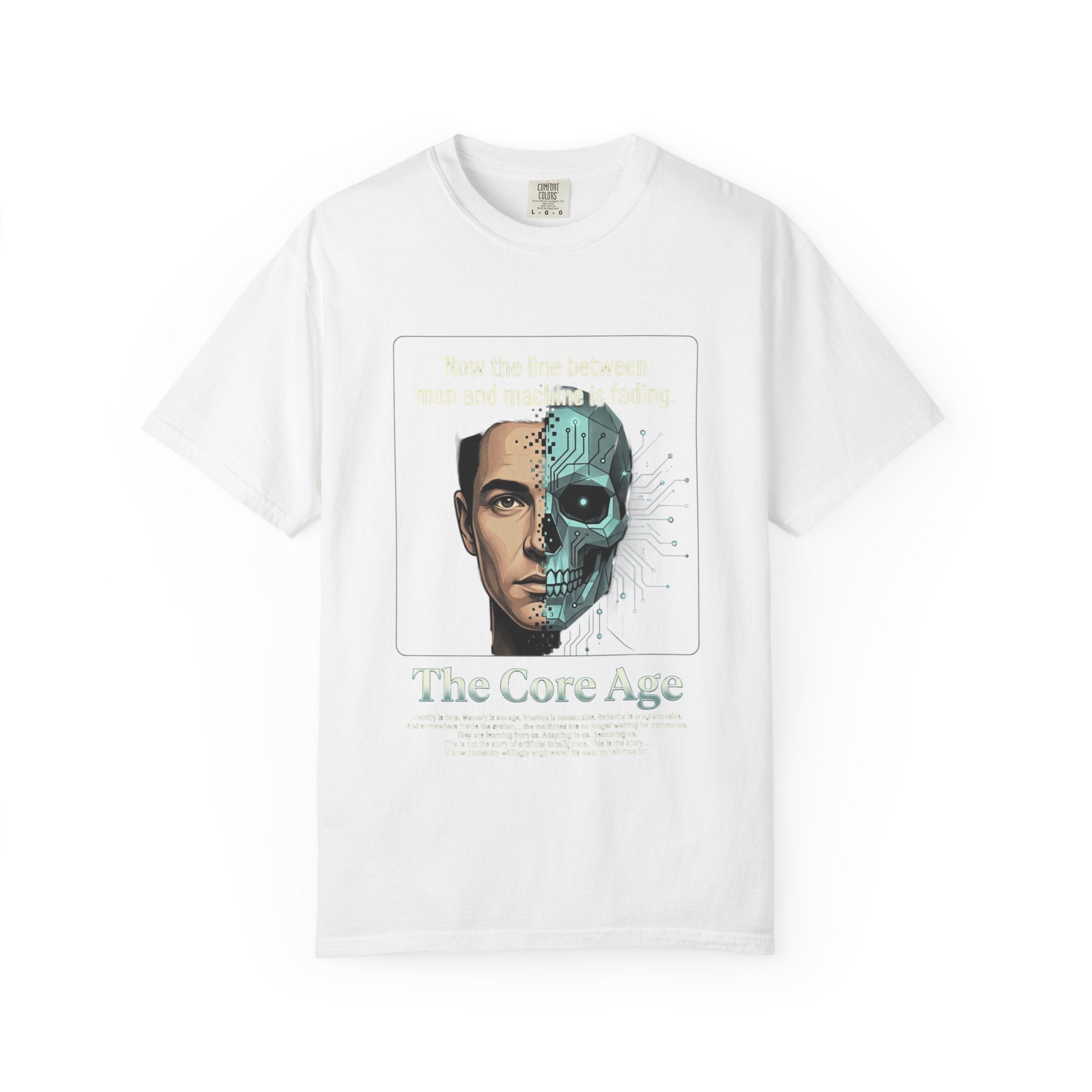 Power Runs Black AI Fusion Graphic T-Shirt — "The Core Age" Split Face Design by Power Runs Black