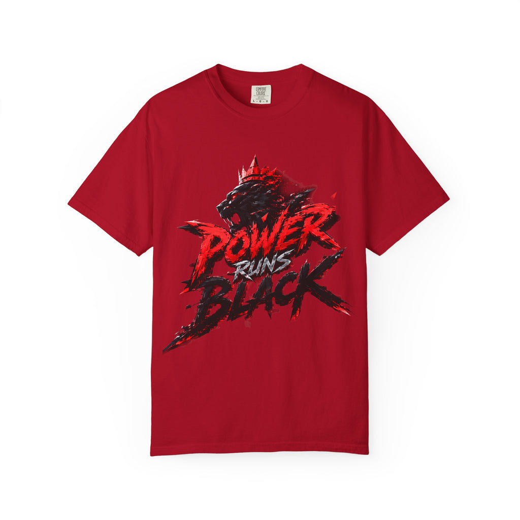 Power Runs Black T-shirt | Wolf Silhouette, Red Black Graphic Tee by Power Runs Black