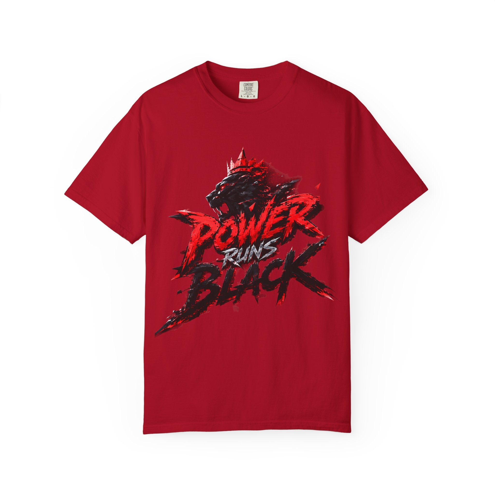 Power Runs Black T-shirt | Wolf Silhouette, Red Black Graphic Tee by Power Runs Black