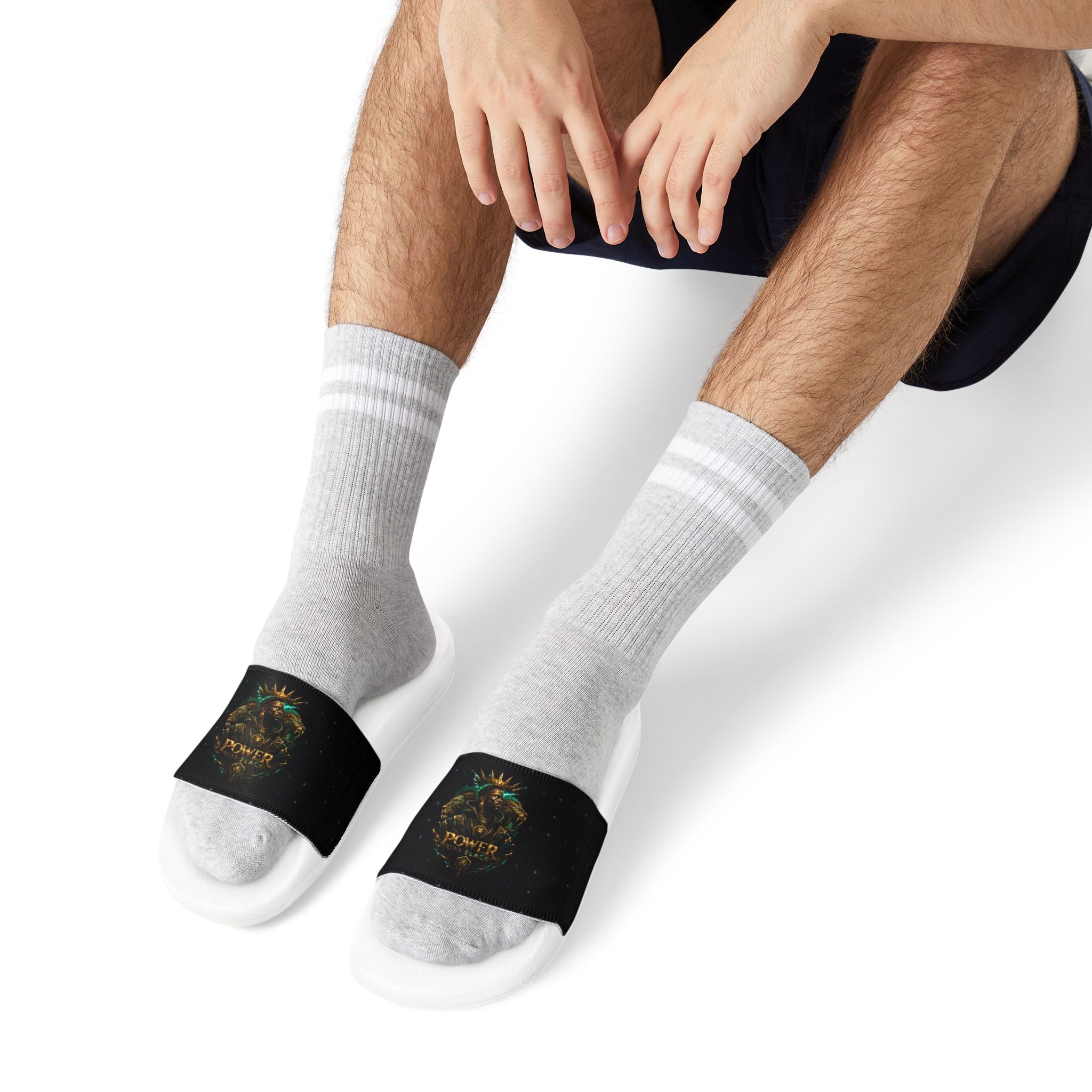 Power Runs Black Slide Sandals - Black Mythical Crest Logo Slides for Men by Power Runs Black