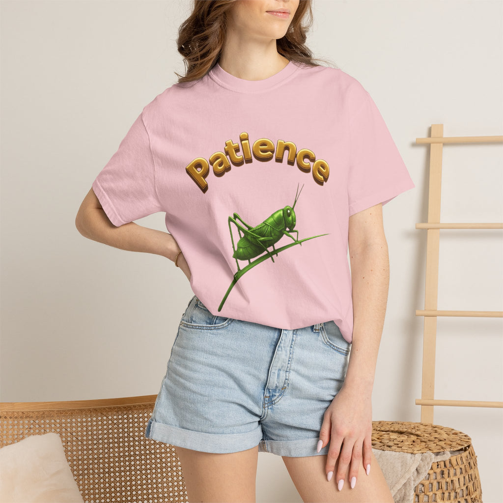 PRB Patience Grasshopper T-shirt | Green Grasshopper Illustration, Positive Quote by Printify