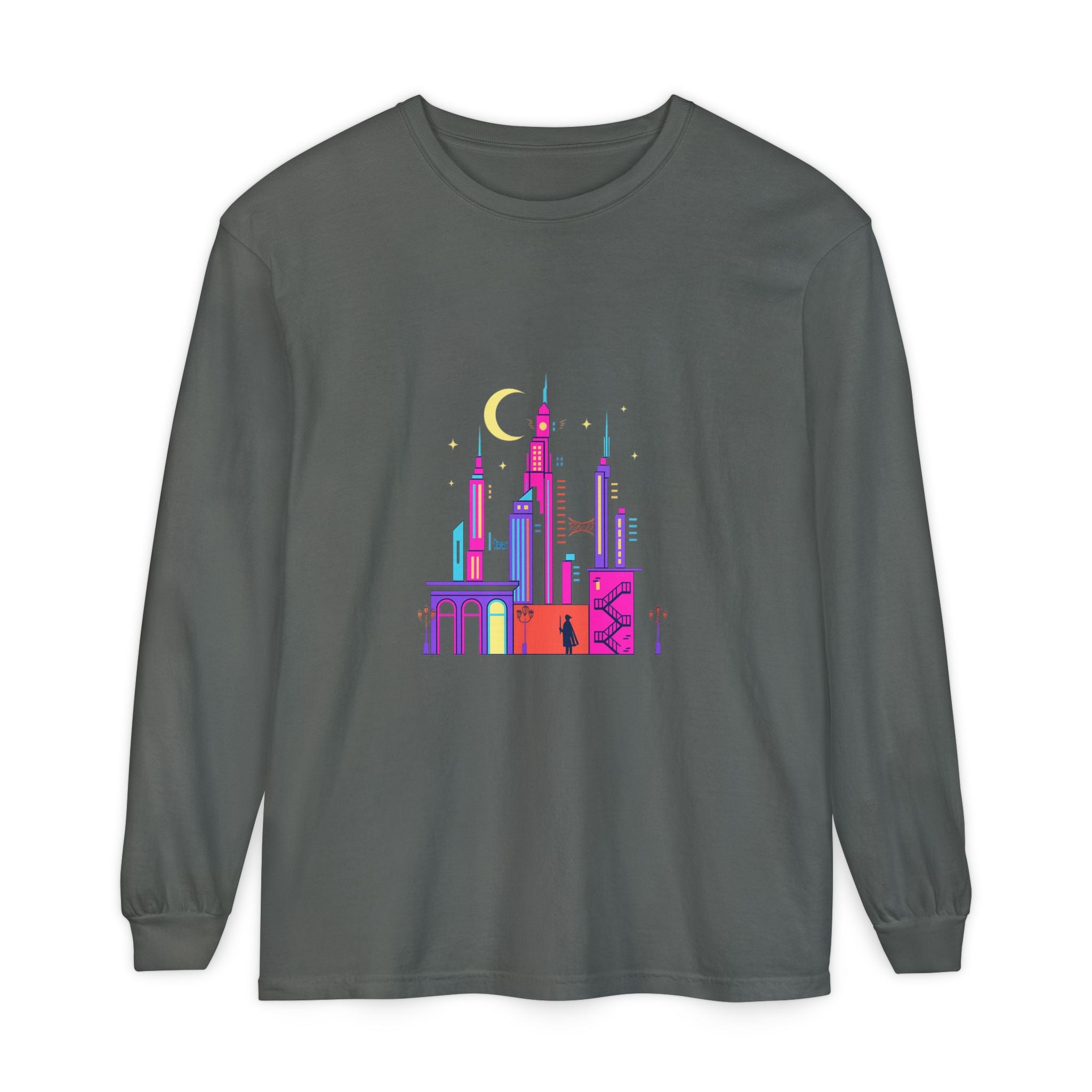 PRB Neon City Skyline Long Sleeve Shirt | Urban Nightscape Illustration by Power Runs Black