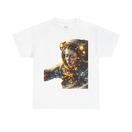 Power Runs Black PRB Golden Astronaut Portrait T-Shirt | Space Helmet Art, Cosmic Lights by Printify