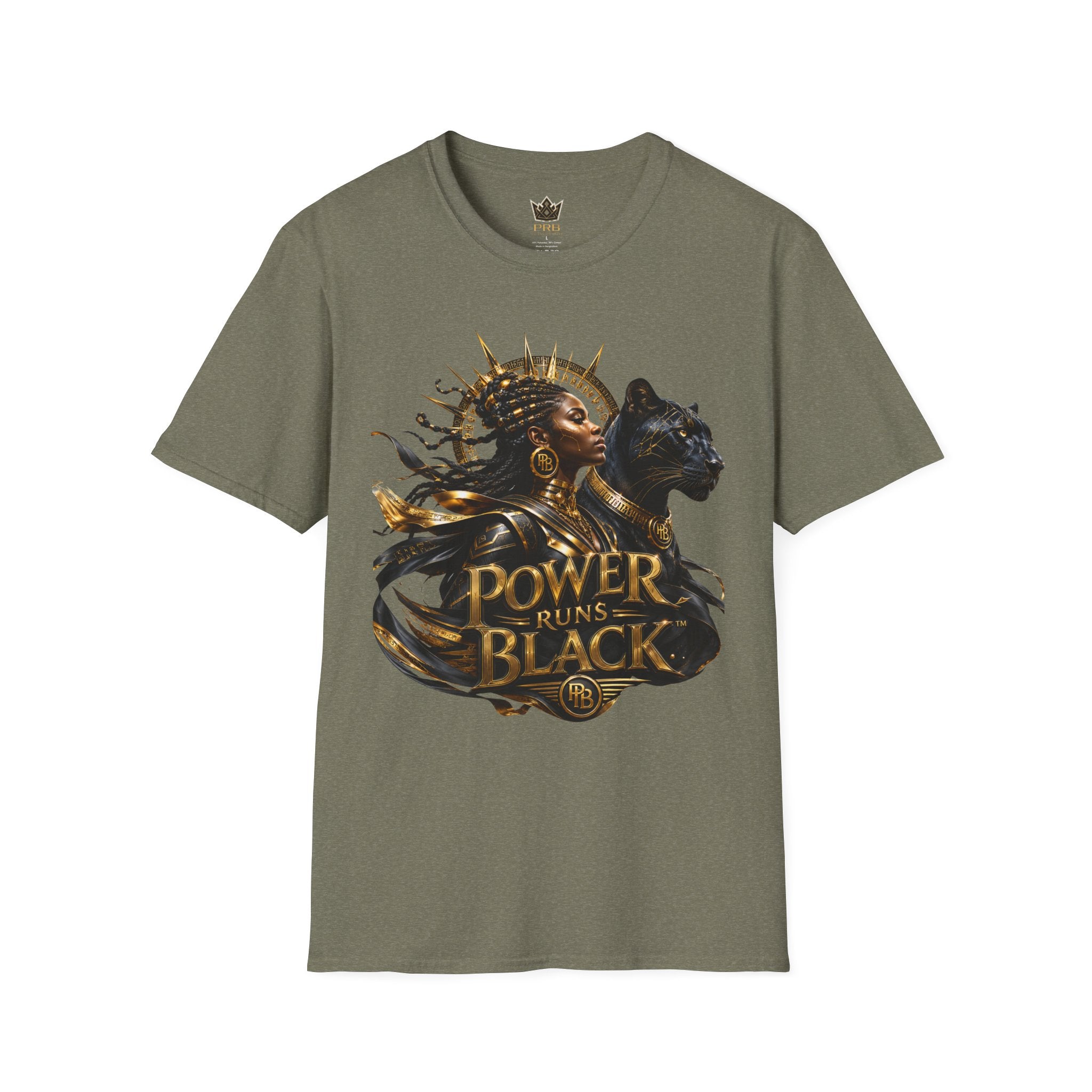 Power Runs Black PRB | Black Woman Portrait, Gold Accents Panther Graphics T by Power Runs Black