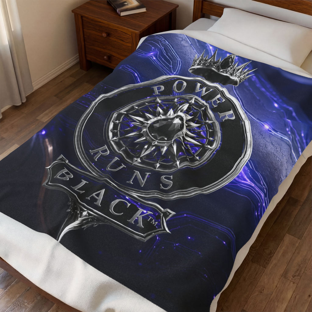 Power Runs Black Velveteen Plush Blanket – Galactic Crown Emblem by Power Runs Black