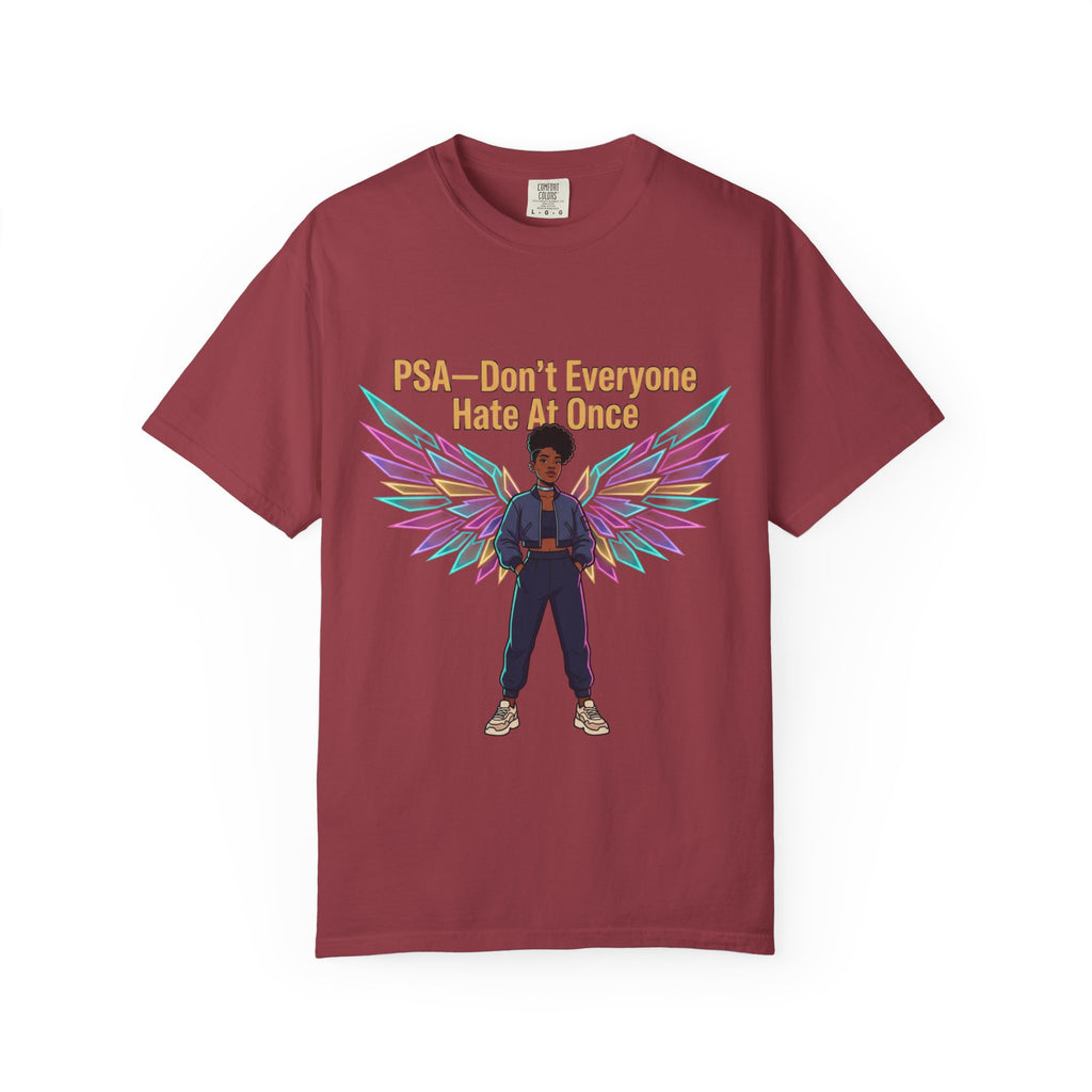 T-Shirt — PSA “Don't Everyone Hate At Once” Angel Wings Graphic Tee by Printify