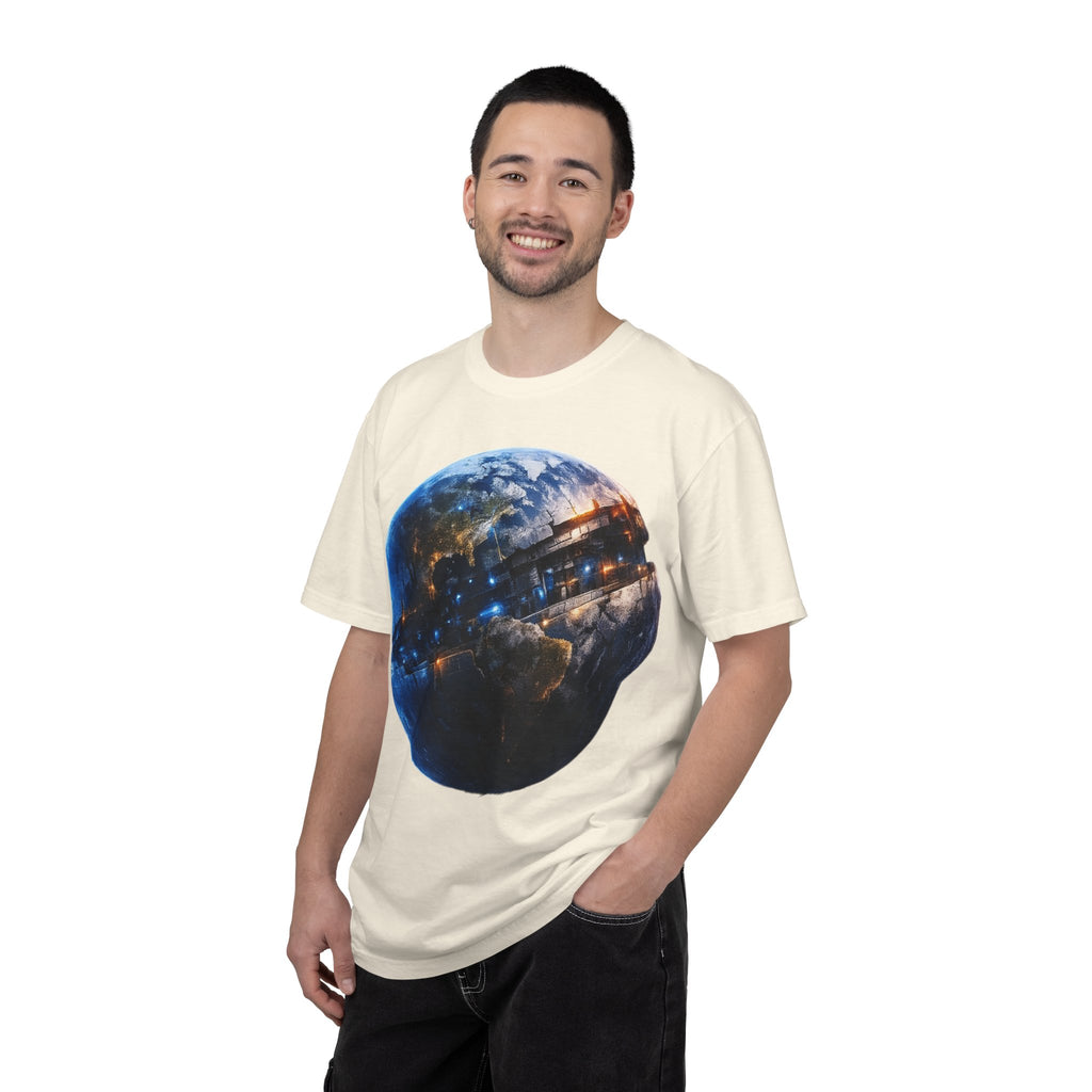 PRB Cityscape Globe T-shirt | Nighttime Earth Illustration, Urban Lights by Power Runs Black