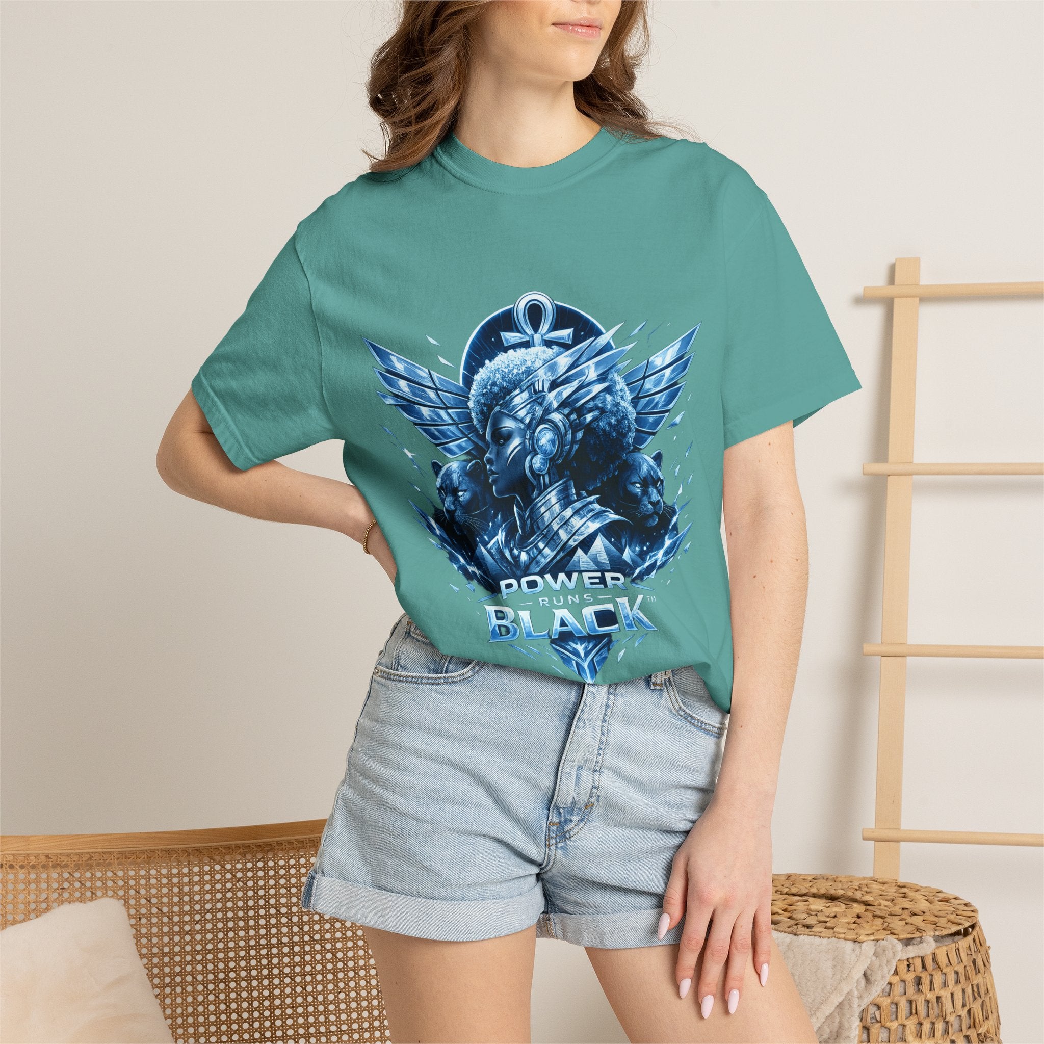 Power of Black Graphic T-Shirt — Egyptian Ankh Warrior Design by Power Runs Black