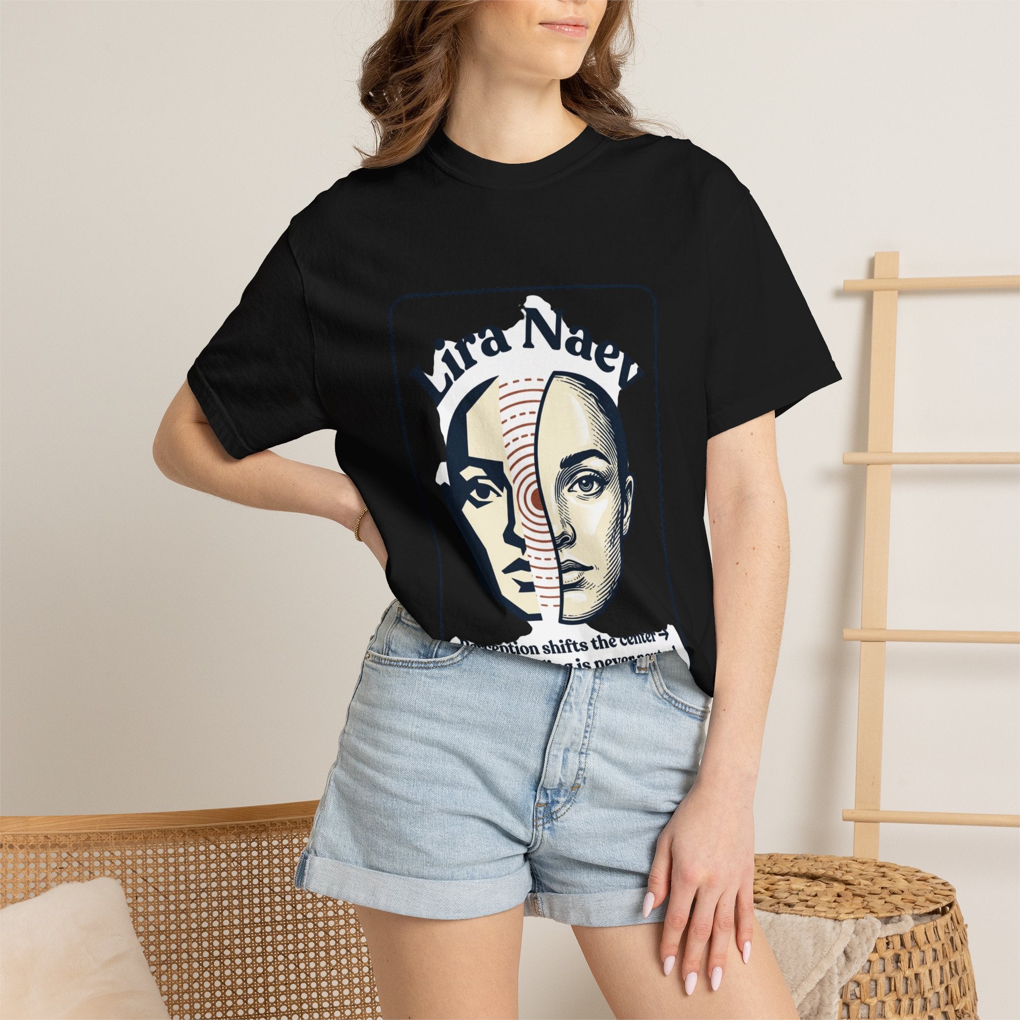 Power Runs Black PRB Lira Naev Split-Face Graphic T-Shirt — “Perception shifts the center” Statement Tee by Printify