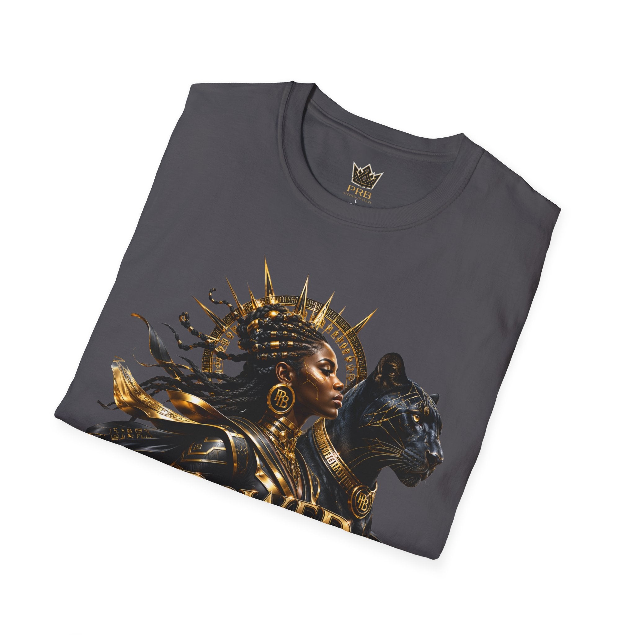 Power Runs Black PRB | Black Woman Portrait, Gold Accents Panther Graphics T by Power Runs Black