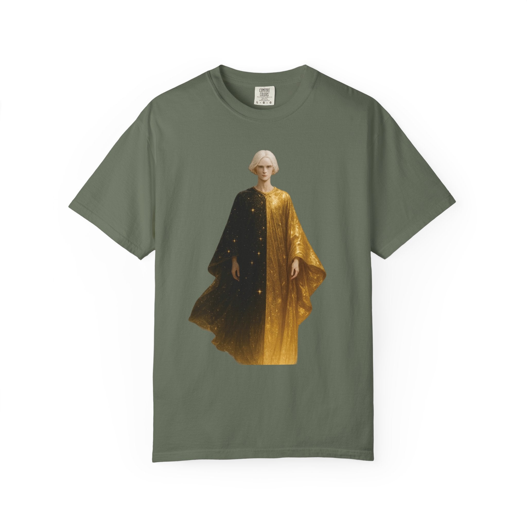 Power Runs Black PRB Twelfth Golden Cloak Figure T-Shirt | Surreal Angelic Portrait by Power Runs Black