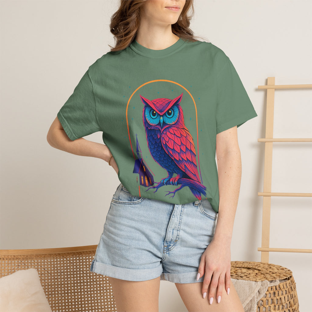 Neon Owl Illustration T-Shirt | Night Church Graphic Tee by Printify