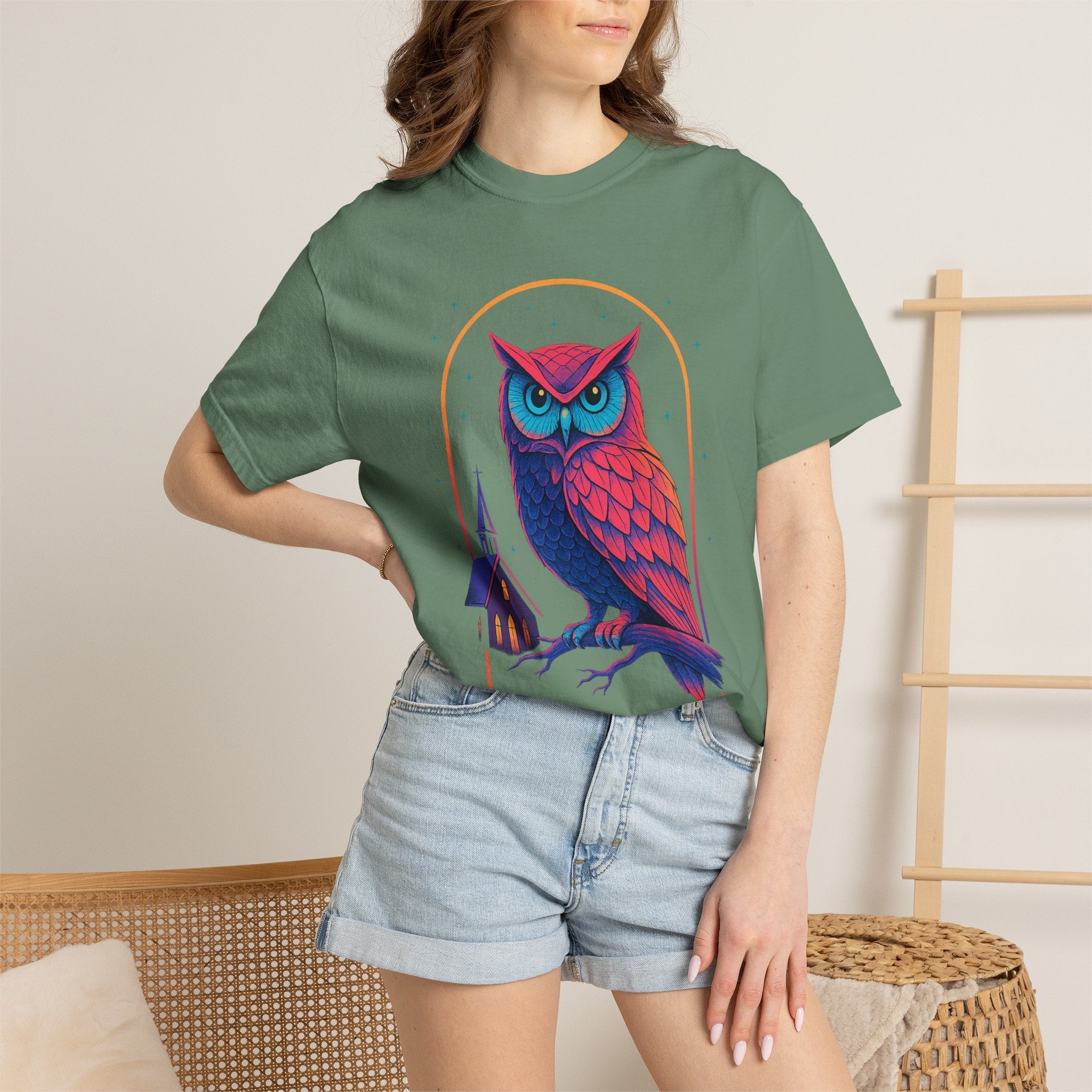 Neon Owl Illustration T-Shirt | Night Church Graphic Tee by Printify