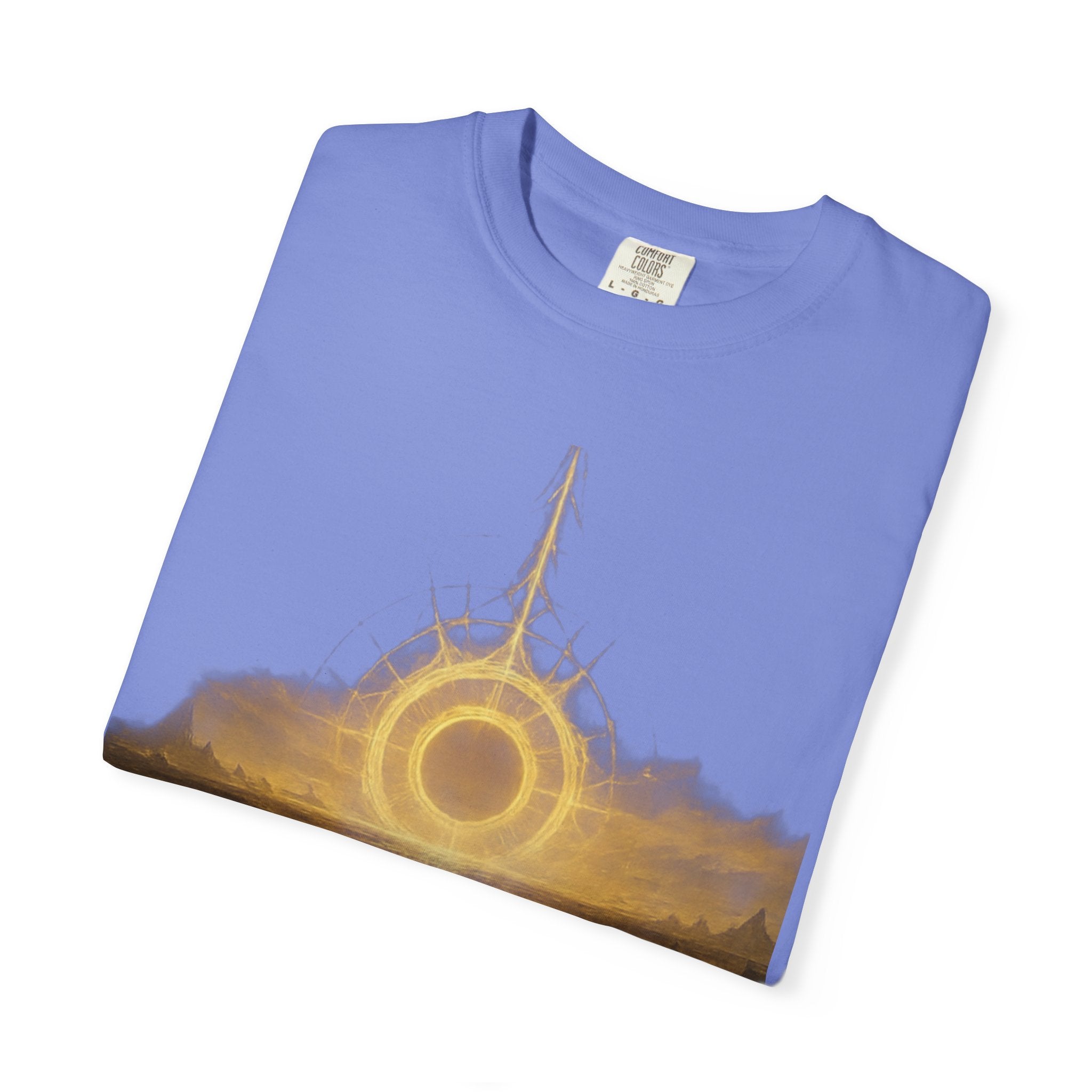 Power Runs Black PRB Golden Eclipse Portal T-shirt | Fantasy Landscape, Mystic Ring, Tower Art by Power Runs Black