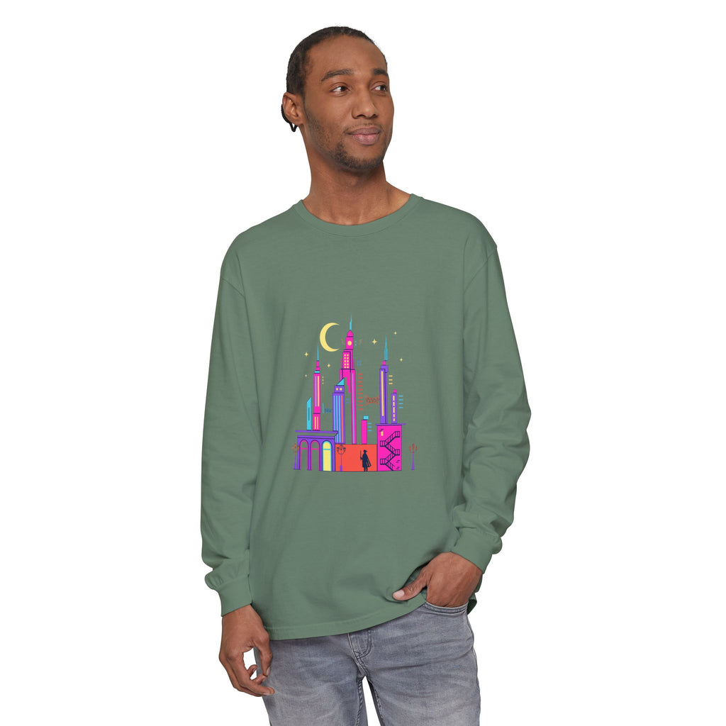 PRB Neon City Skyline Long Sleeve Shirt | Urban Nightscape Illustration by Power Runs Black