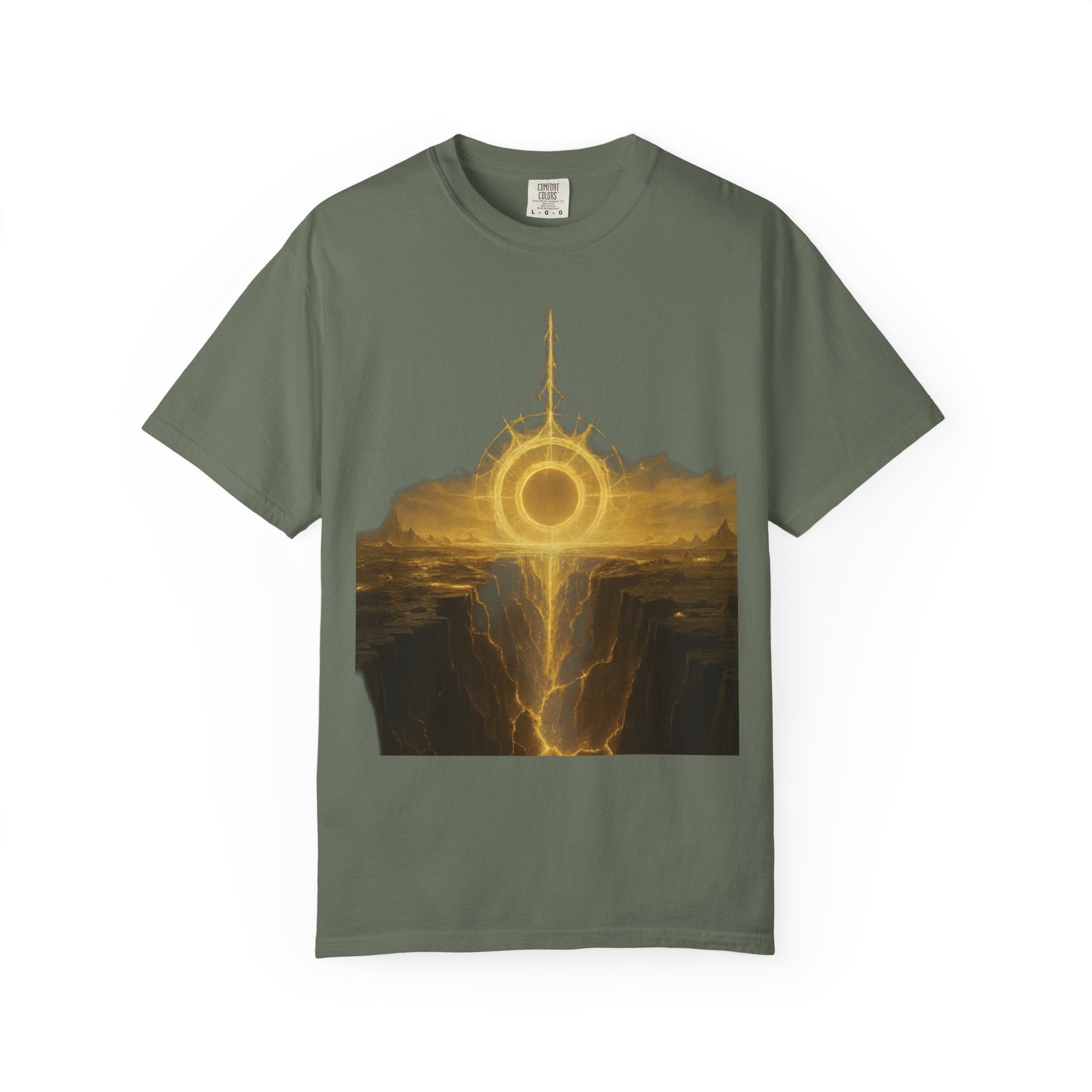Power Runs Black PRB Golden Eclipse Portal T-shirt | Fantasy Landscape, Mystic Ring, Tower Art by Power Runs Black