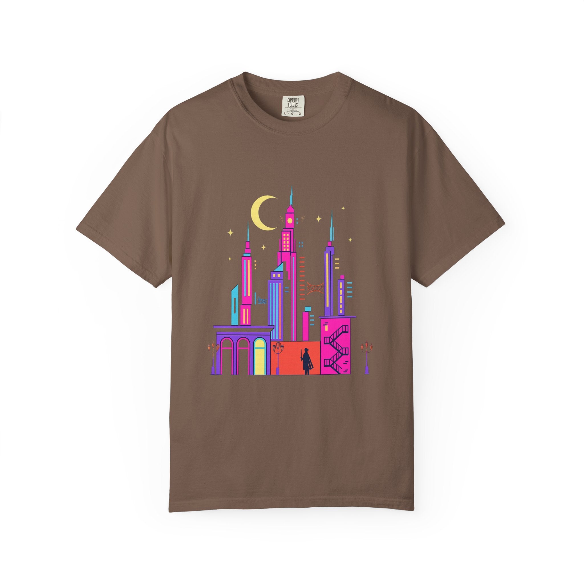 Power Runs Black PRB Neon City Skyline T-shirt | Vibrant Urban Nightscape Tee by Printify