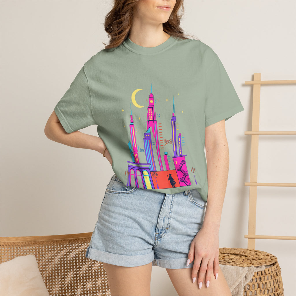 Power Runs Black PRB Neon City Skyline T-shirt | Vibrant Urban Nightscape Tee by Printify