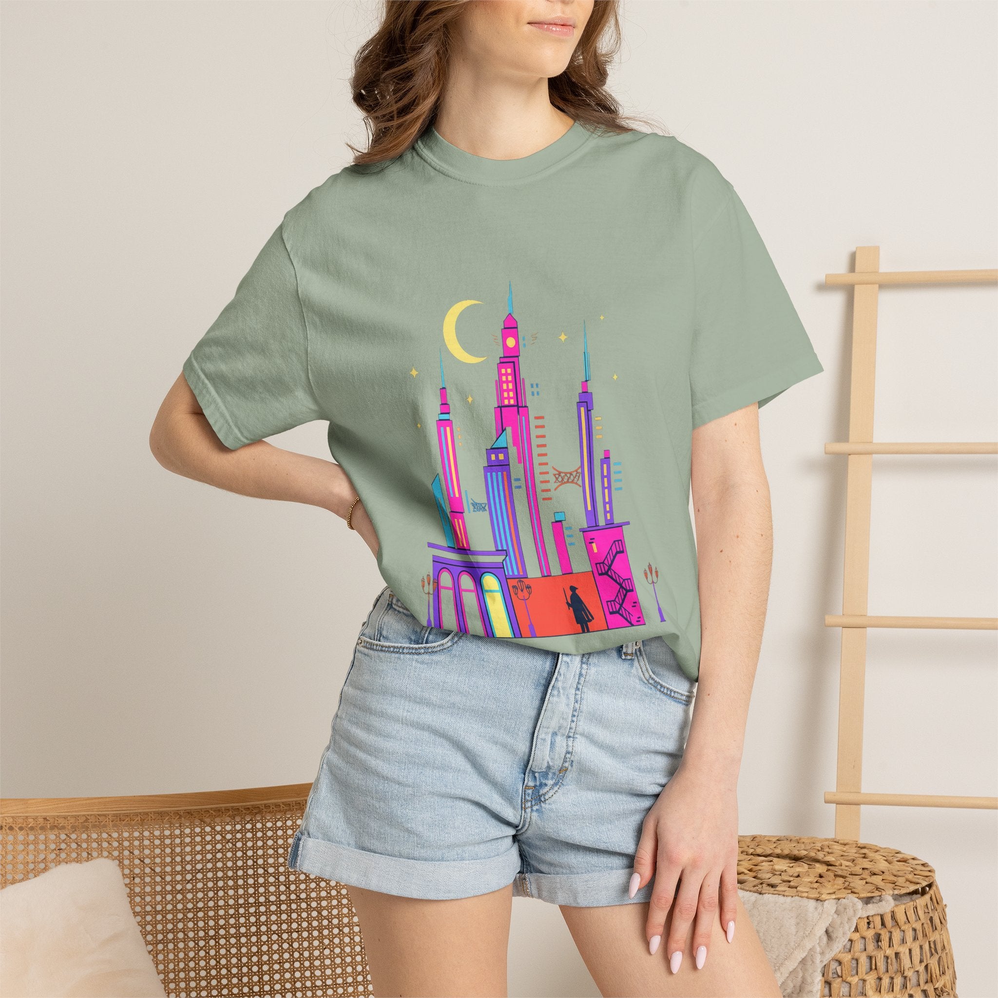 Power Runs Black PRB Neon City Skyline T-shirt | Vibrant Urban Nightscape Tee by Printify