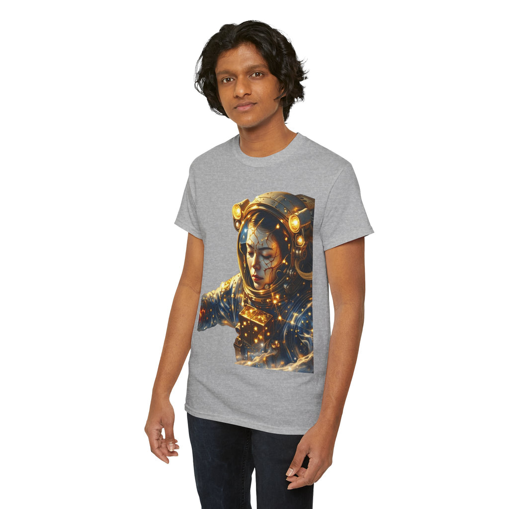 Power Runs Black PRB Golden Astronaut Portrait T-Shirt | Space Helmet Art, Cosmic Lights by Printify