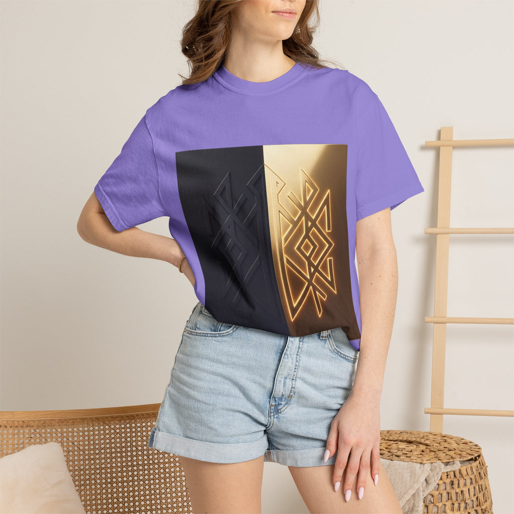 Power Runs Black PRB Geometric Split Glow T-Shirt — Black & Gold Tribal Diamond Graphic by Power Runs Black