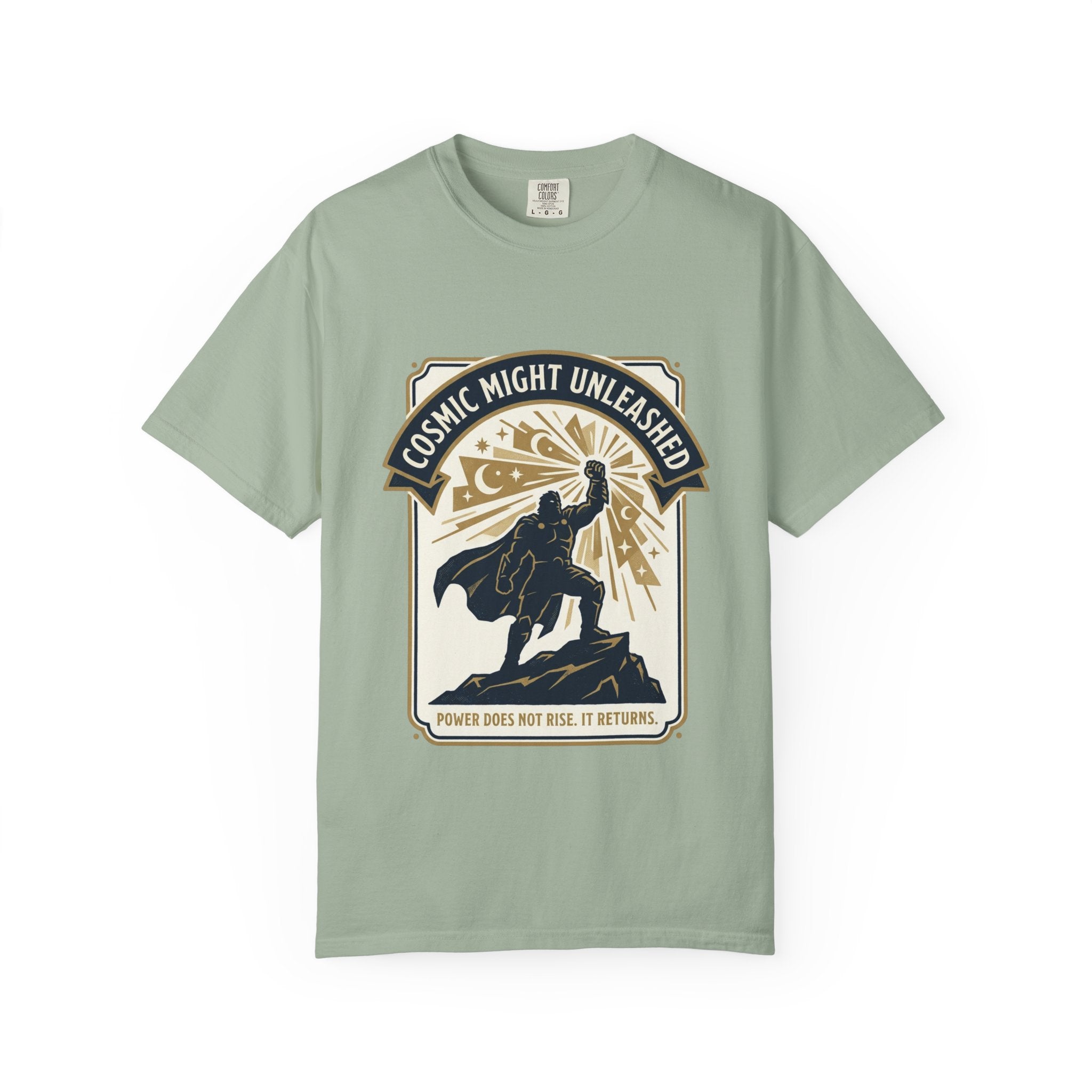 PRB Starforged Flex Cosmic Might Unleashed T-Shirt — Retro Superhero Space Graphic ('Power Does Not Rise, It Returns') by Power Runs Black