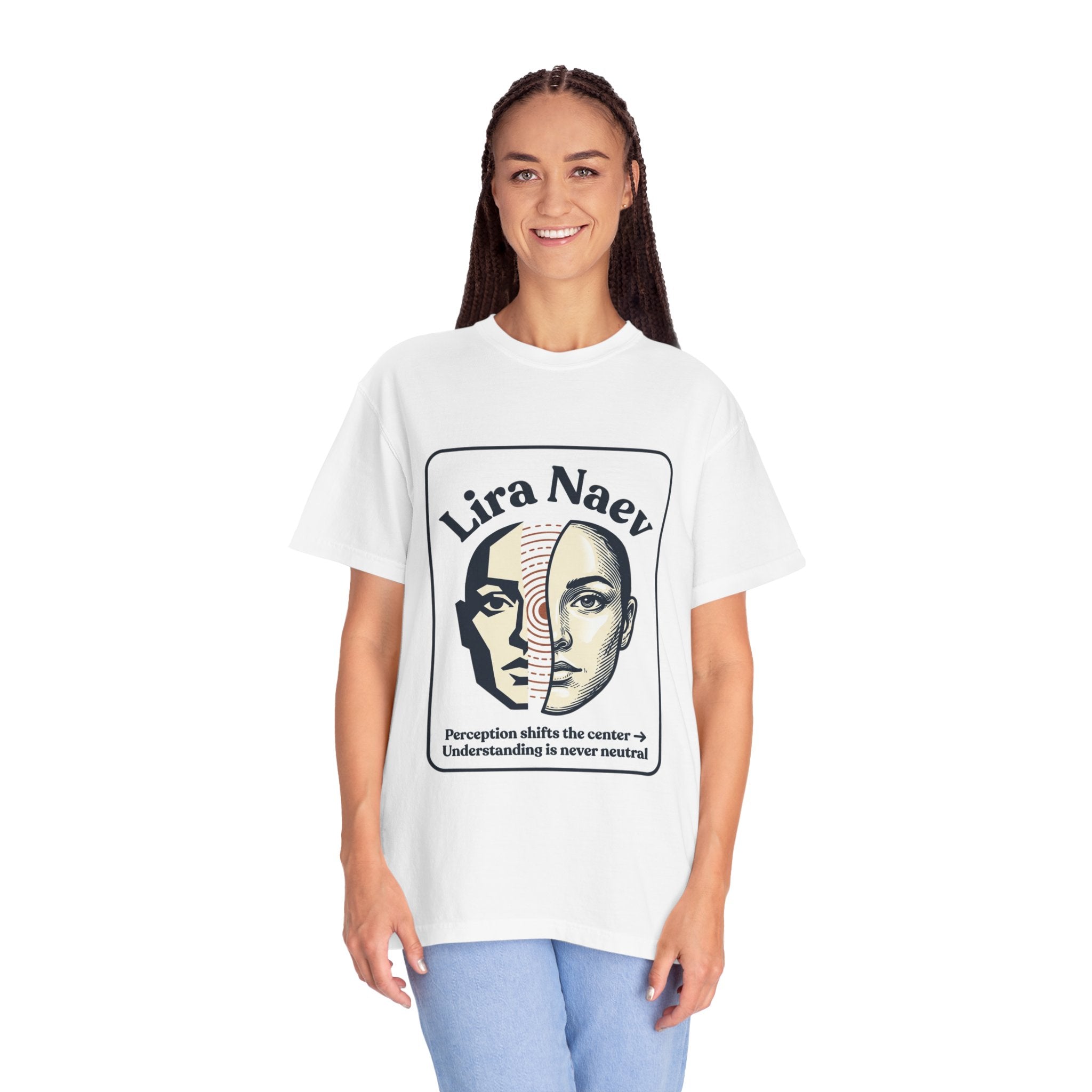 Power Runs Black PRB Lira Naev Split-Face Graphic T-Shirt — “Perception shifts the center” Statement Tee by Printify