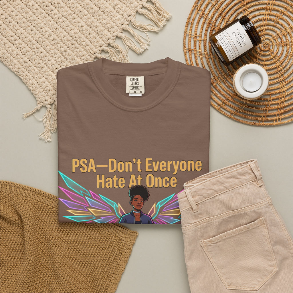 T-Shirt — PSA “Don't Everyone Hate At Once” Angel Wings Graphic Tee by Printify