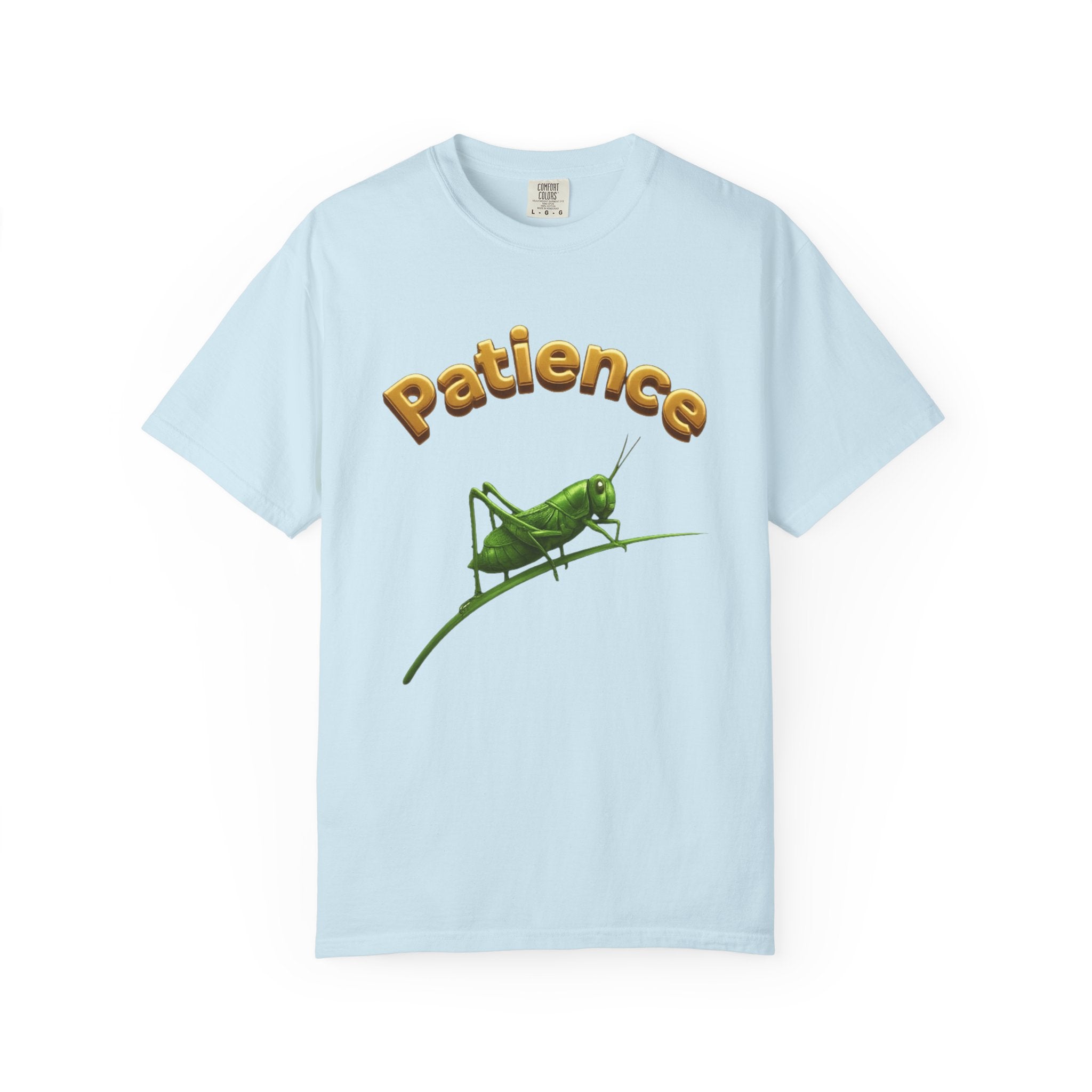 PRB Patience Grasshopper T-shirt | Green Grasshopper Illustration, Positive Quote by Power Runs Black