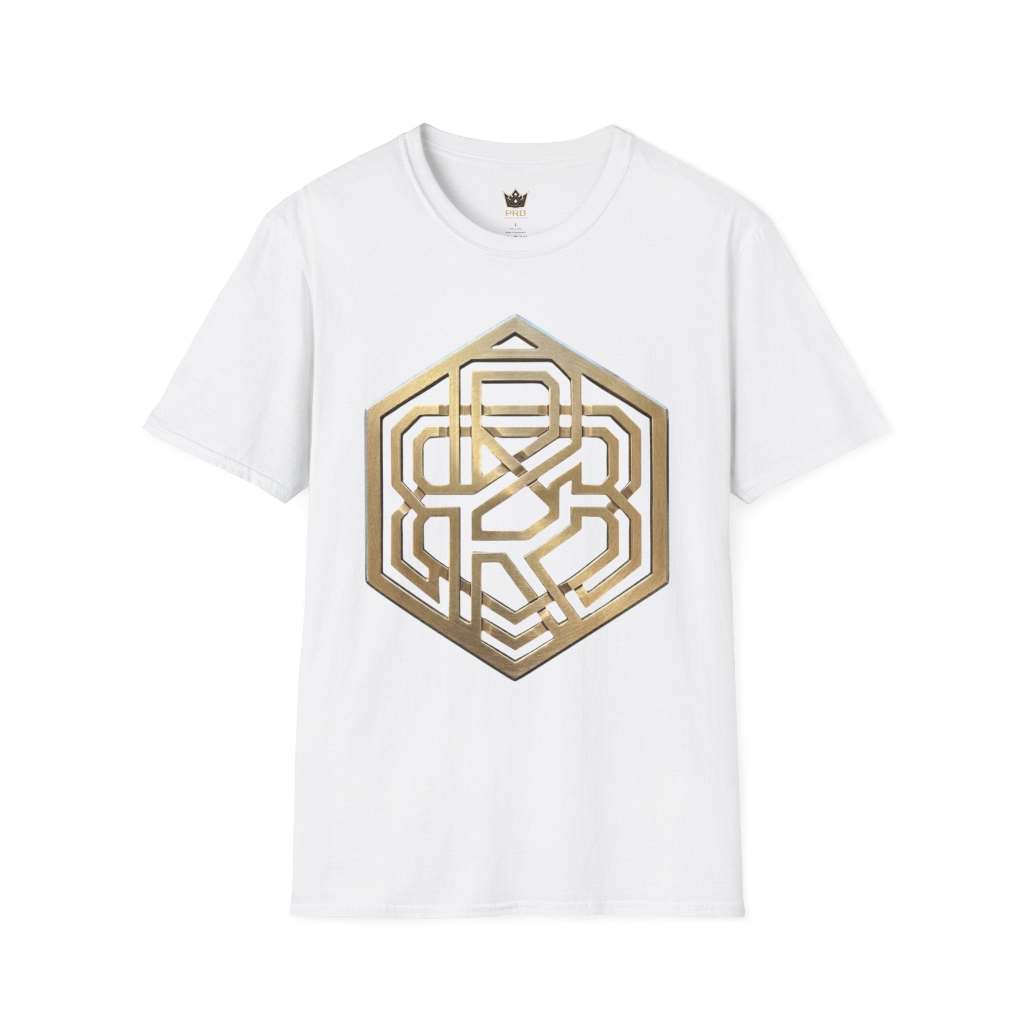 Power Runs Black PRB Geometric Gold Hexagon T-Shirt — Modern Maze Logo Tee by Printify