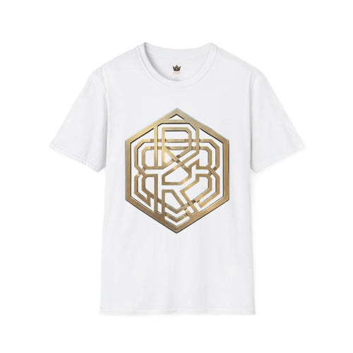 Power Runs Black PRB Geometric Gold Hexagon T-Shirt — Modern Maze Logo Tee by Printify