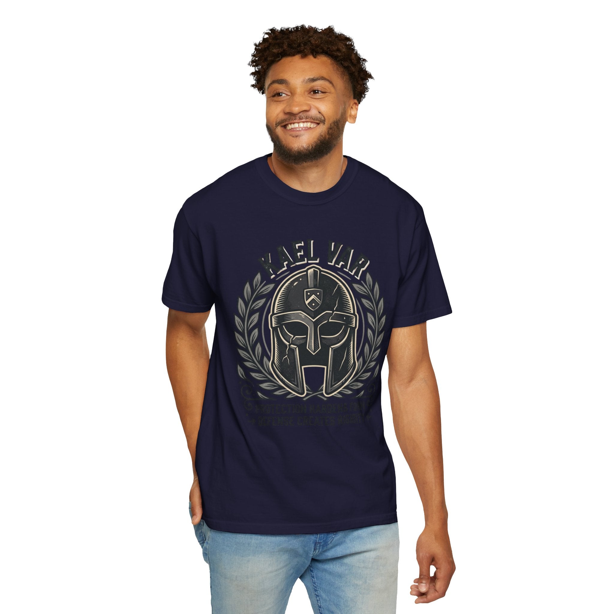 Power Runs Black PRB Kael Var Helmet Graphic T-Shirt — "Protection Hardens Form" Warrior Tee by Printify
