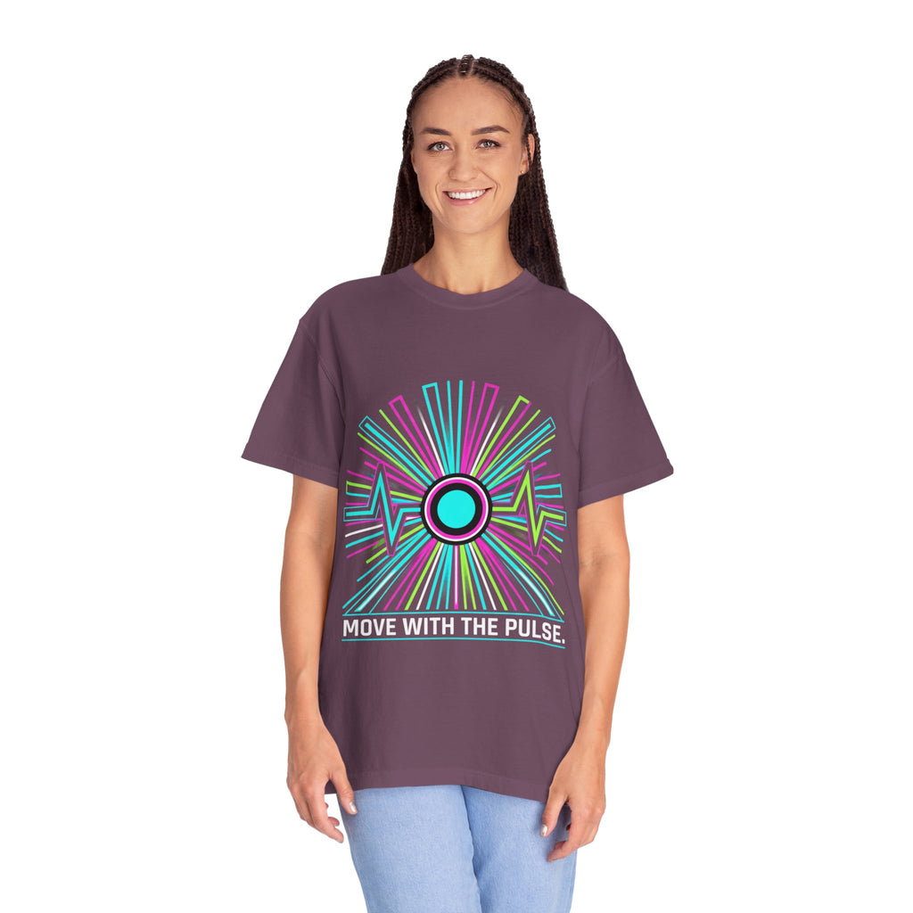 Power Runs Black PRB Electric "Move With Pulse" Graphic T-Shirt — Neon Sunburst Design by Power Runs Black