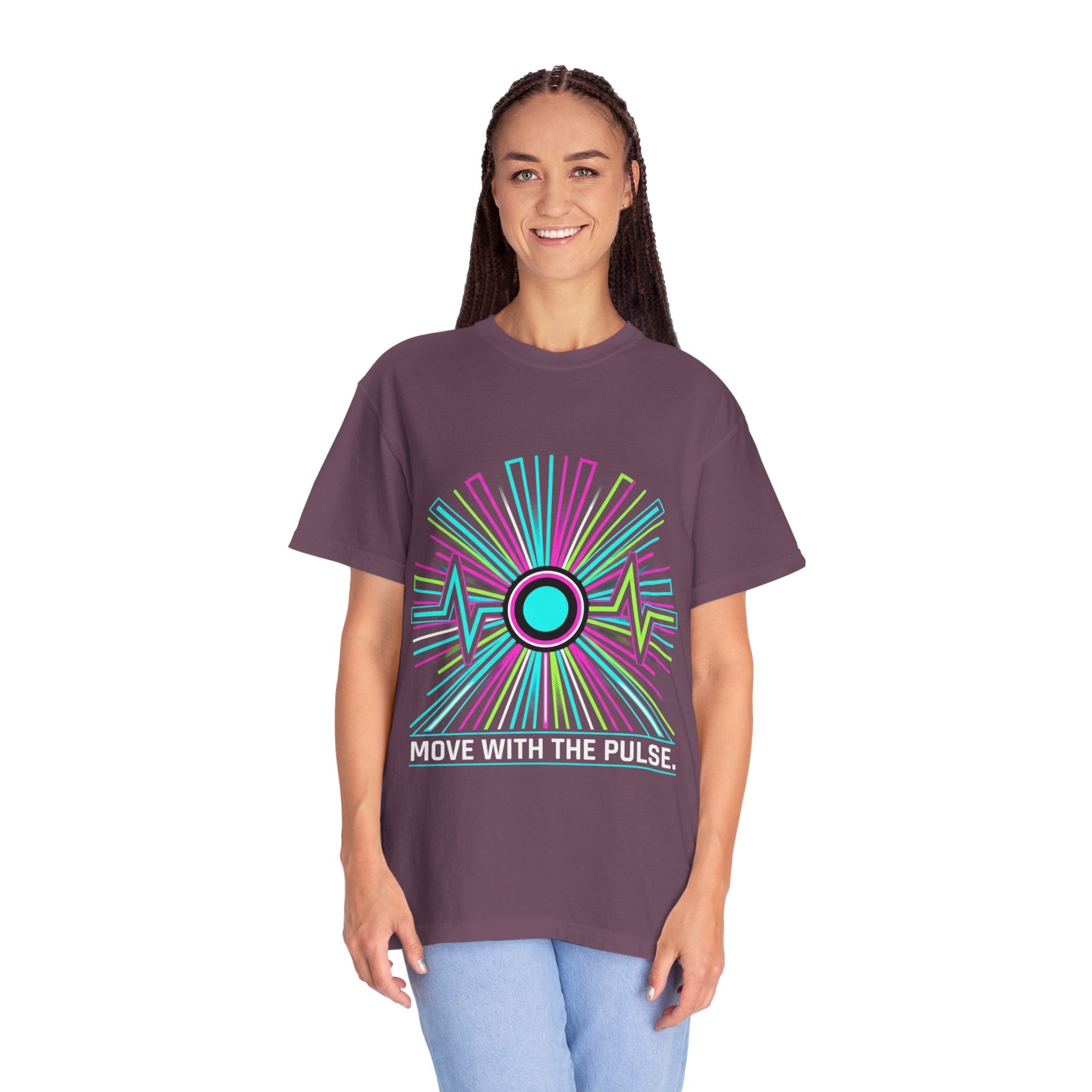 Power Runs Black PRB Electric "Move With Pulse" Graphic T-Shirt — Neon Sunburst Design by Power Runs Black