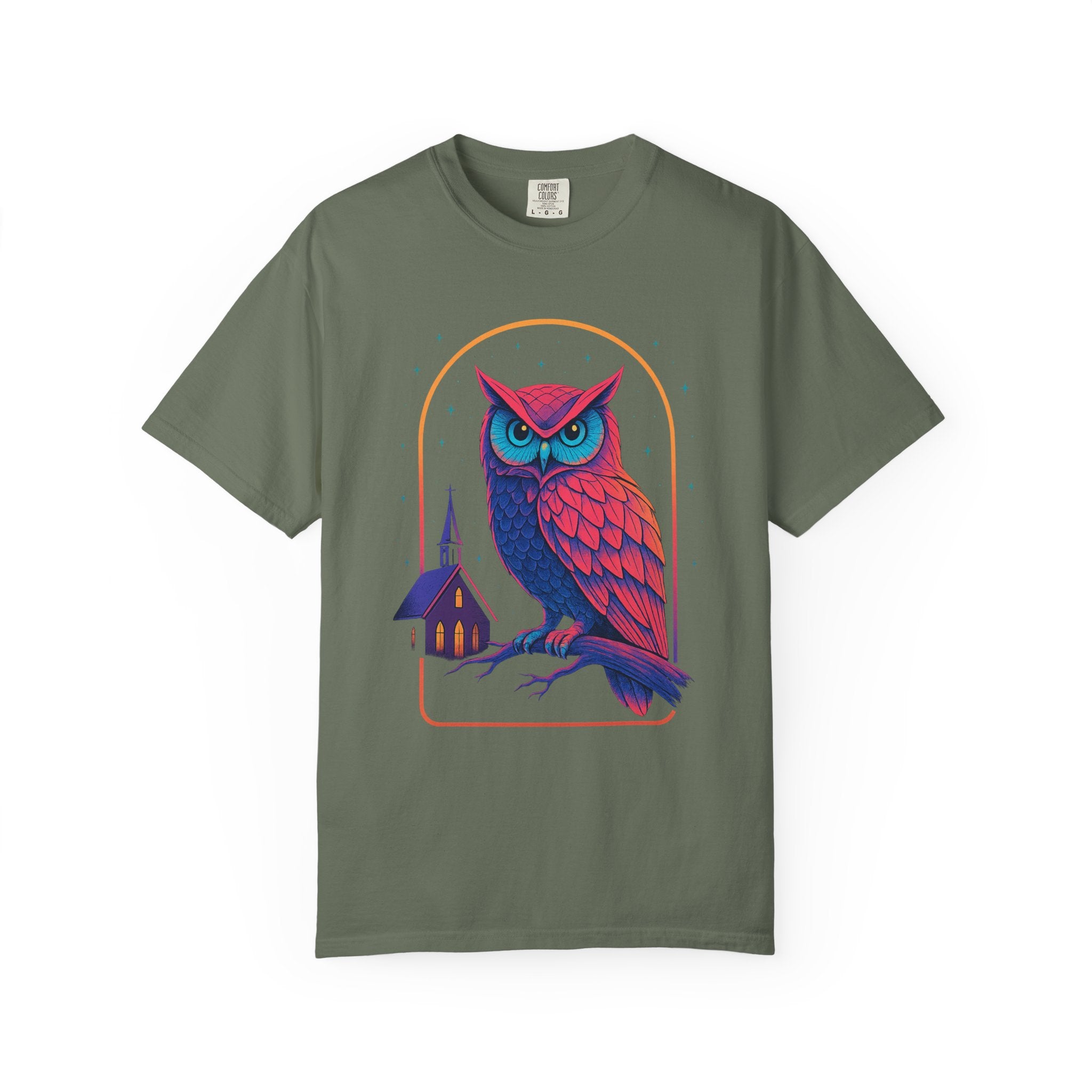 Neon Owl Illustration T-Shirt | Night Church Graphic Tee by Printify