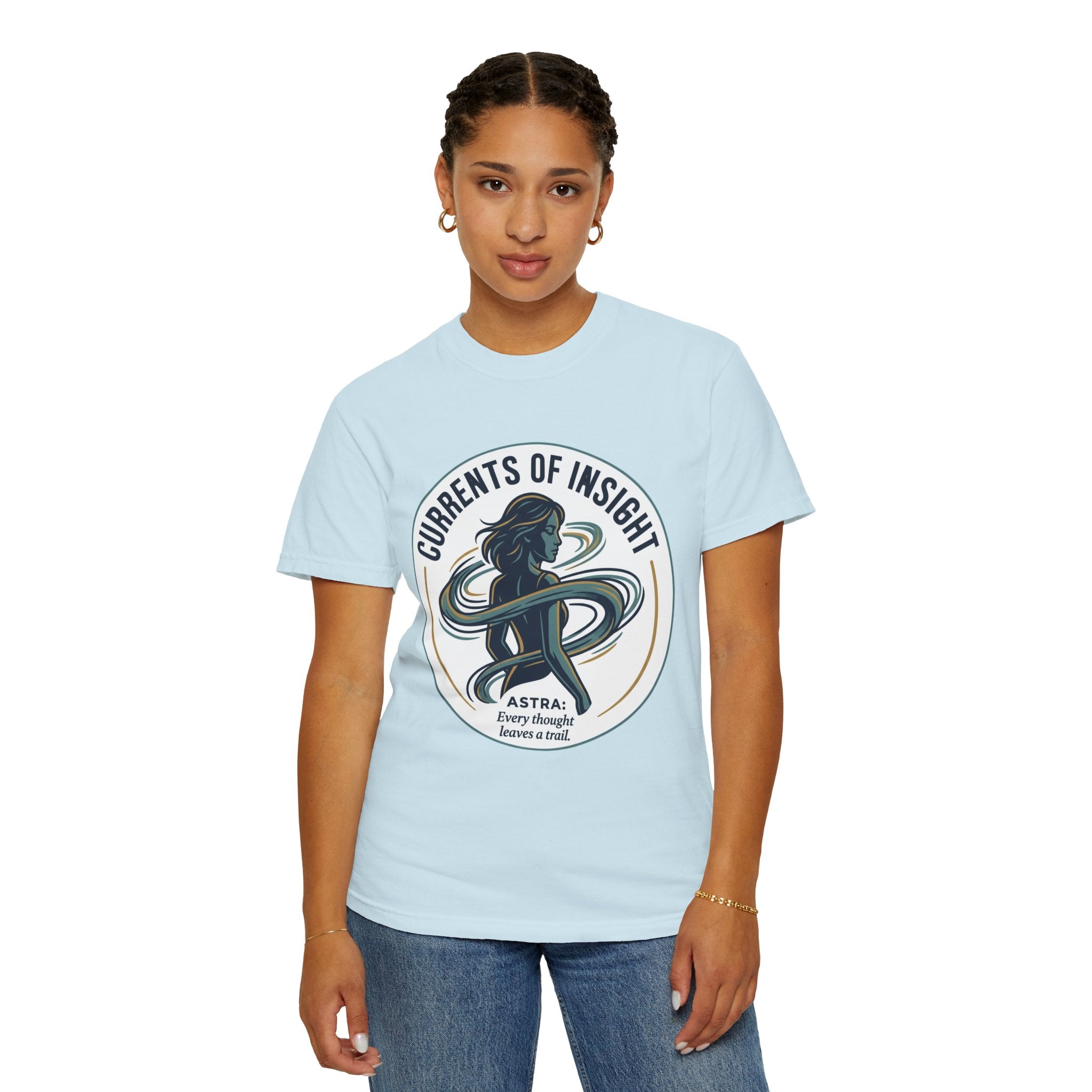 Power Runs Black Currents of Insight T-Shirt — 'Astra: Every thought leaves a trail' Graphic Tee by Power Runs Black