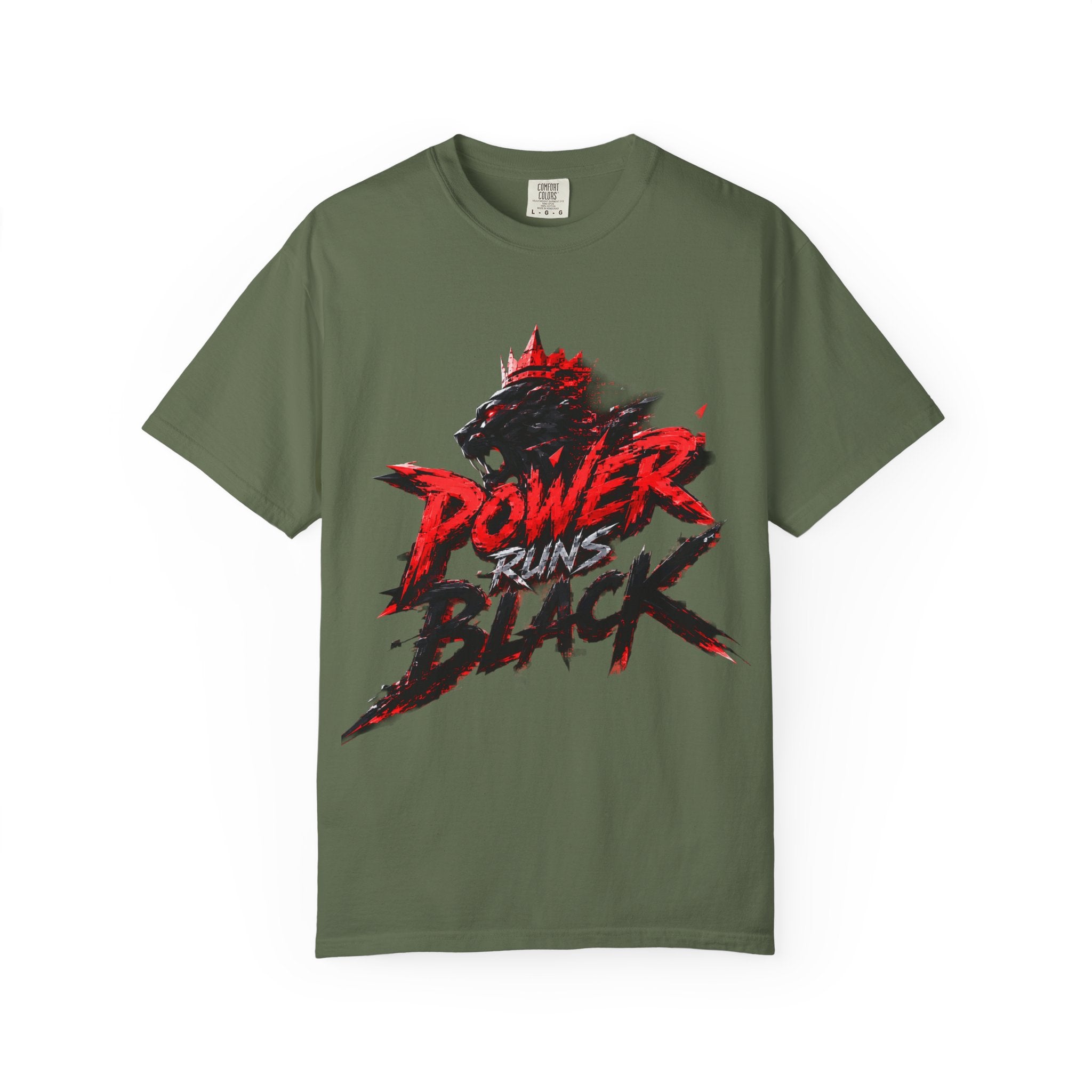 Power Runs Black T-shirt | Wolf Silhouette, Red Black Graphic Tee by Power Runs Black