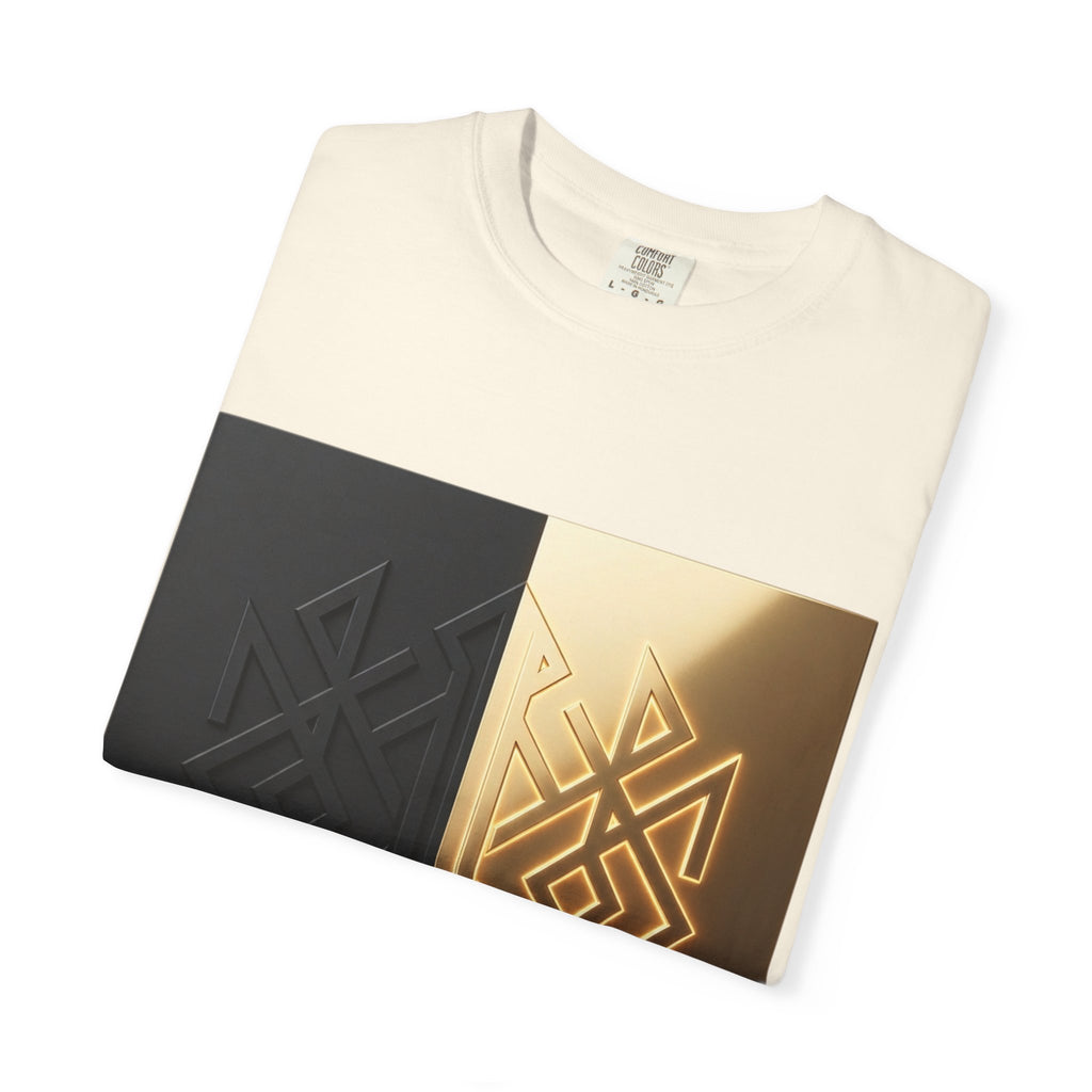 Power Runs Black PRB Geometric Split Glow T-Shirt — Black & Gold Tribal Diamond Graphic by Power Runs Black