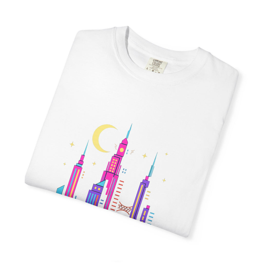 PRB Neon City Skyline T-shirt | Vibrant Urban Nightscape Tee by Power Runs Black